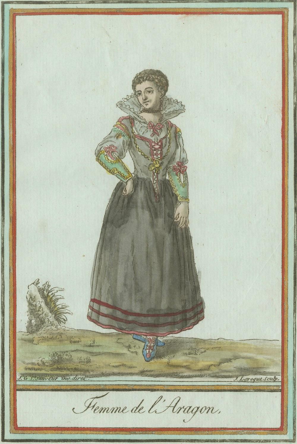 Frau von Aragon - Handkolorierter Kupferstich von Grasset de Saint-Sauveur, um 1797 (Französisch) im Angebot