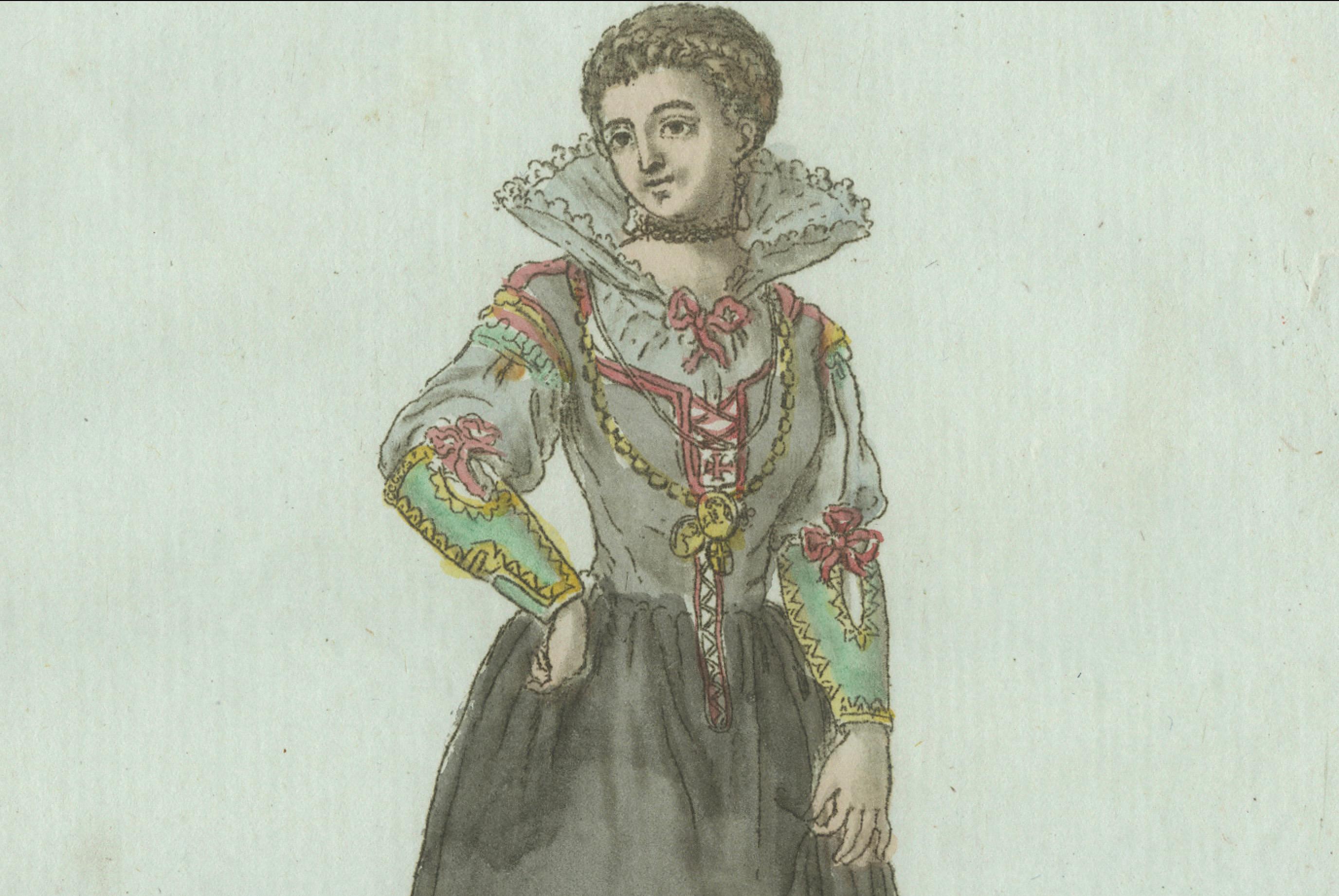 Frau von Aragon - Handkolorierter Kupferstich von Grasset de Saint-Sauveur, um 1797 (Graviert) im Angebot