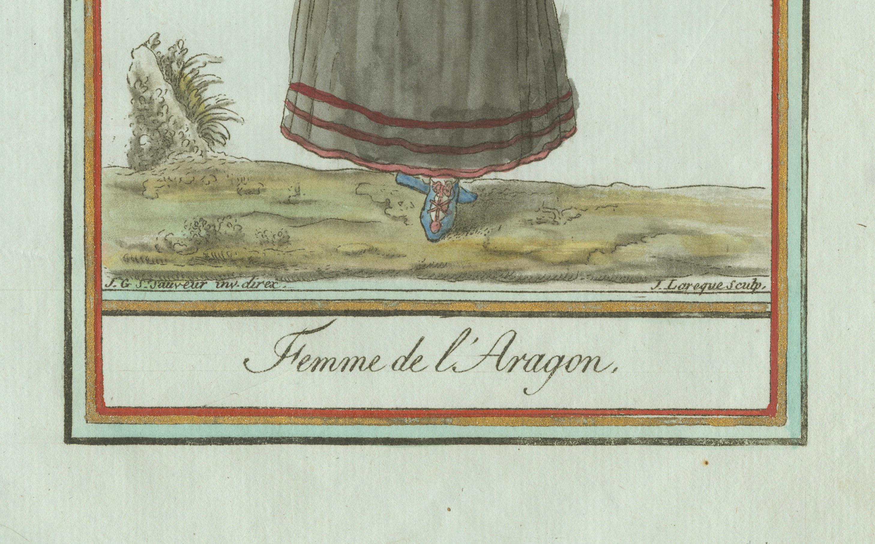 Frau von Aragon - Handkolorierter Kupferstich von Grasset de Saint-Sauveur, um 1797 im Zustand „Gut“ im Angebot in Langweer, NL