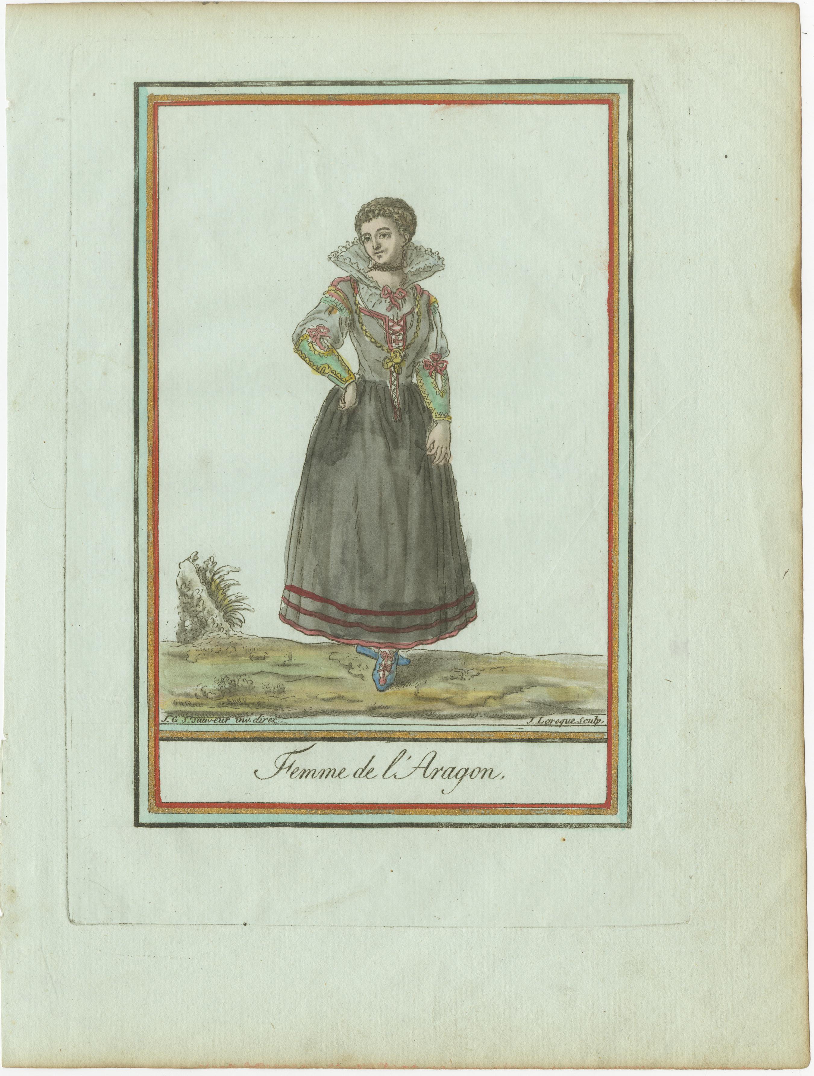Frau von Aragon - Handkolorierter Kupferstich von Grasset de Saint-Sauveur, um 1797 (Papier) im Angebot