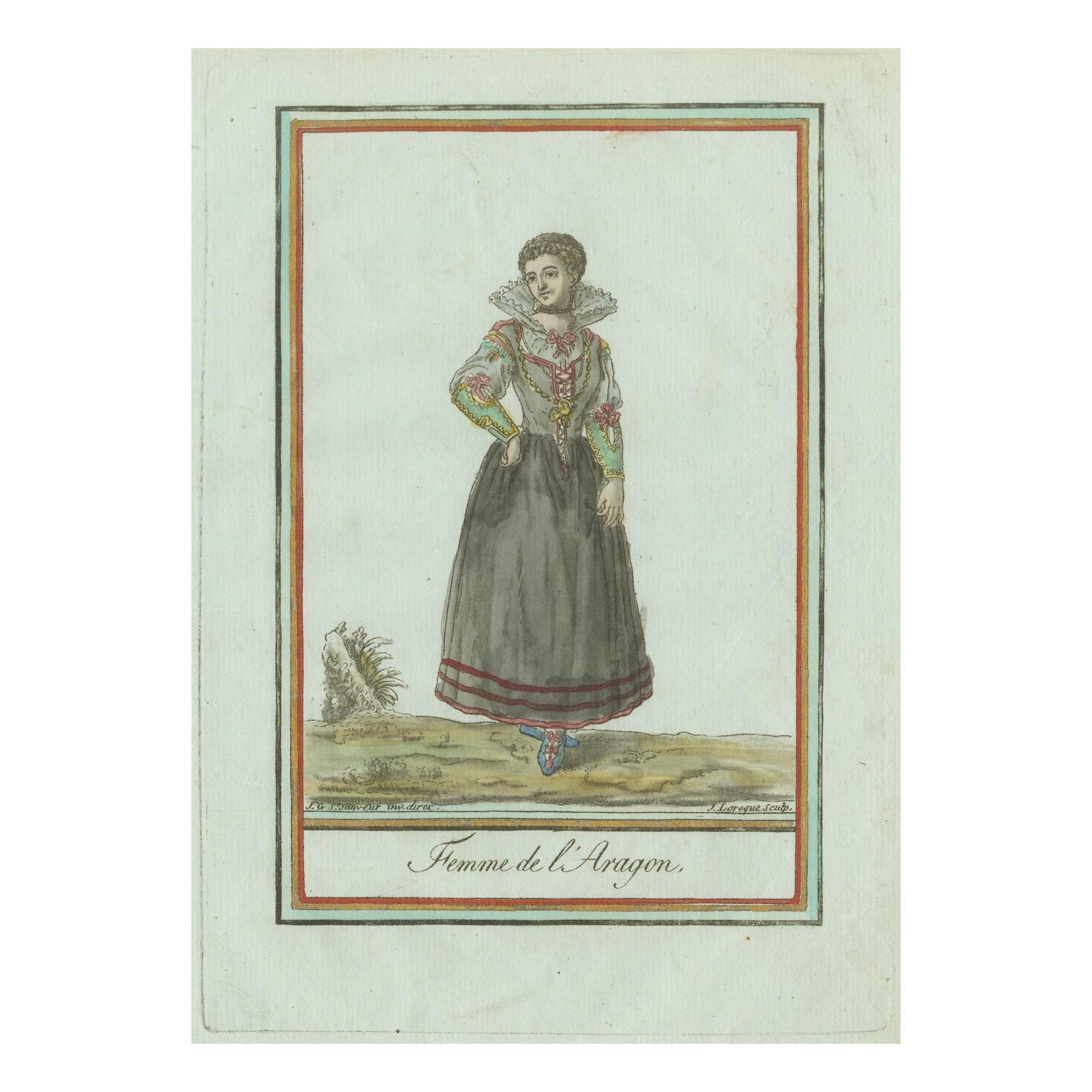 Frau von Aragon - Handkolorierter Kupferstich von Grasset de Saint-Sauveur, um 1797 im Angebot