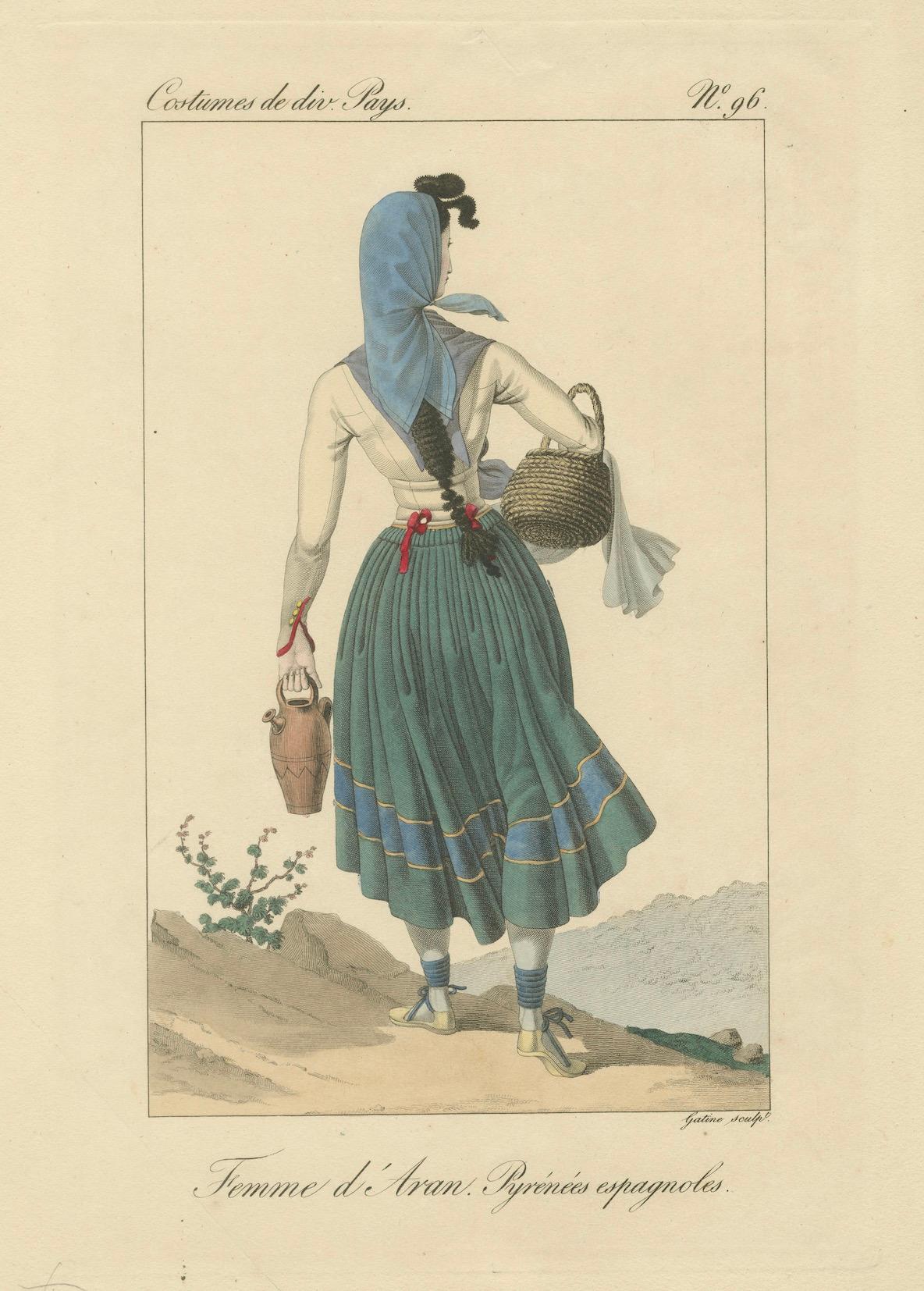 Frau von Aran, Spanische Pyrenäen - Handkolorierter Kupferstich, um 1820 (Französisch) im Angebot