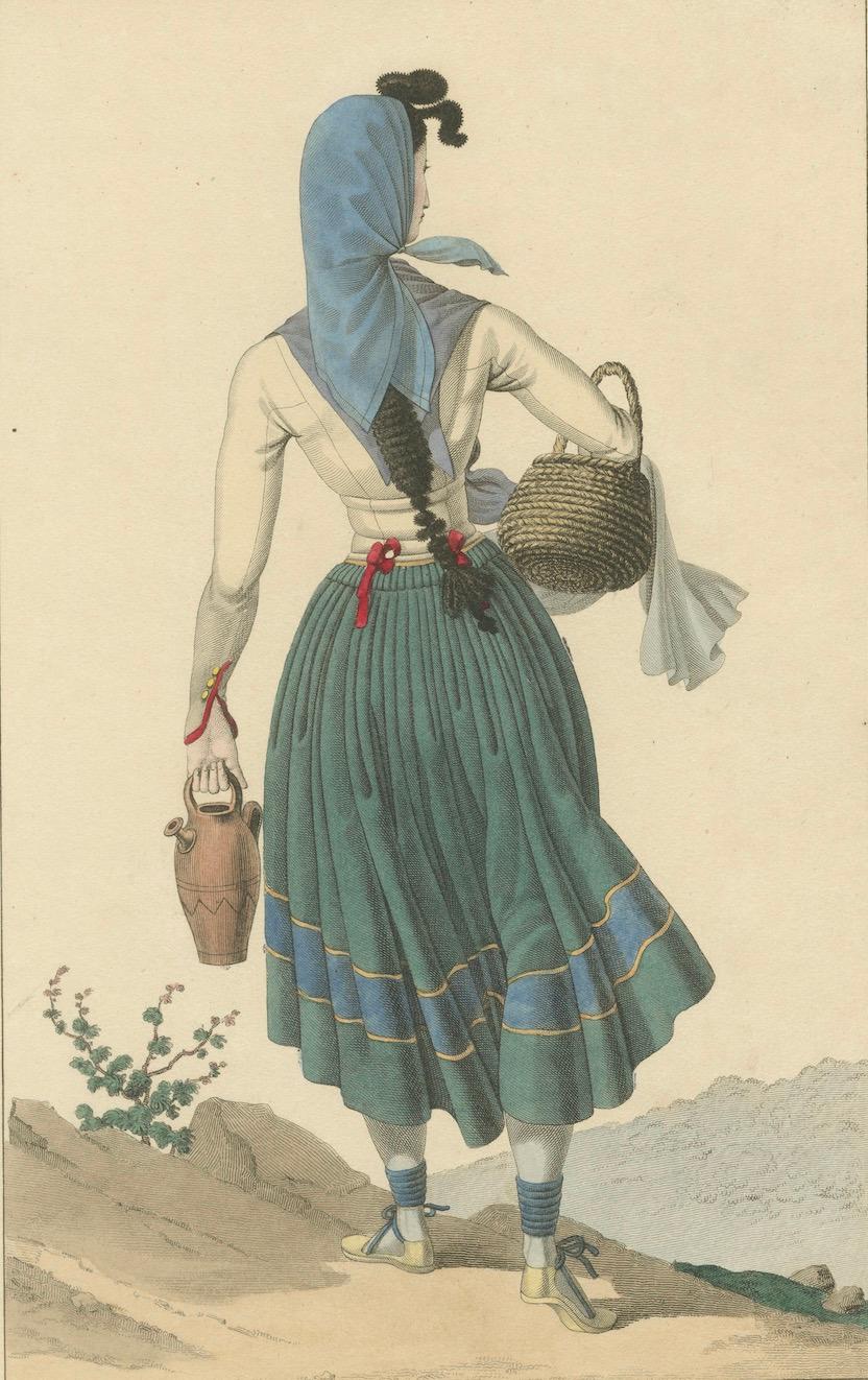 Frau von Aran, Spanische Pyrenäen - Handkolorierter Kupferstich, um 1820 (Graviert) im Angebot