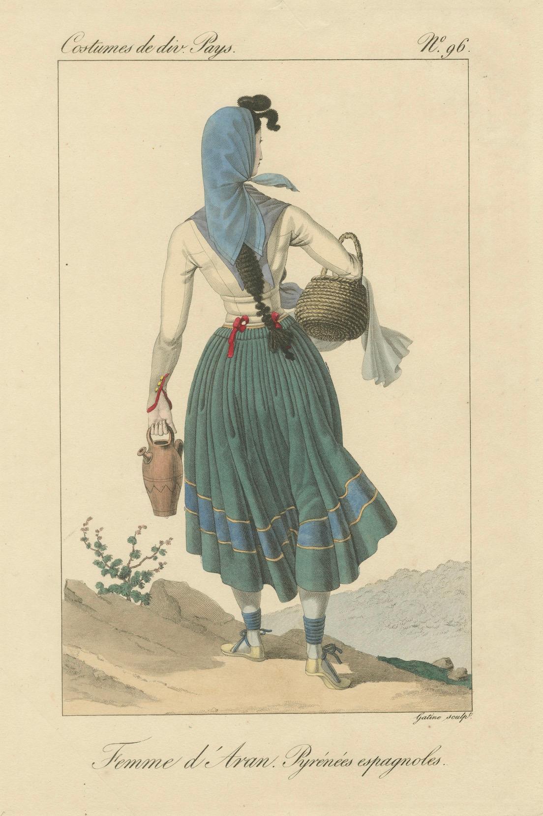 Frau von Aran, Spanische Pyrenäen - Handkolorierter Kupferstich, um 1820 im Zustand „Gut“ im Angebot in Langweer, NL