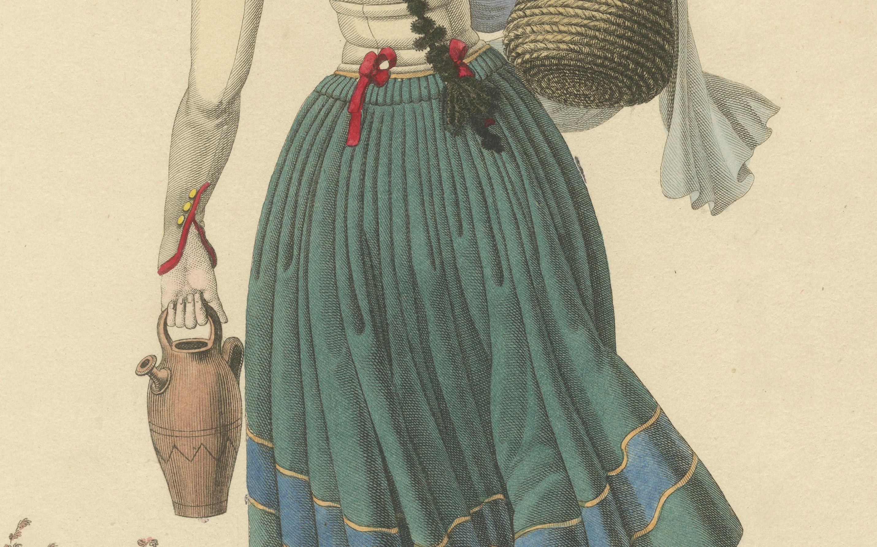 Frau von Aran, Spanische Pyrenäen - Handkolorierter Kupferstich, um 1820 (Papier) im Angebot