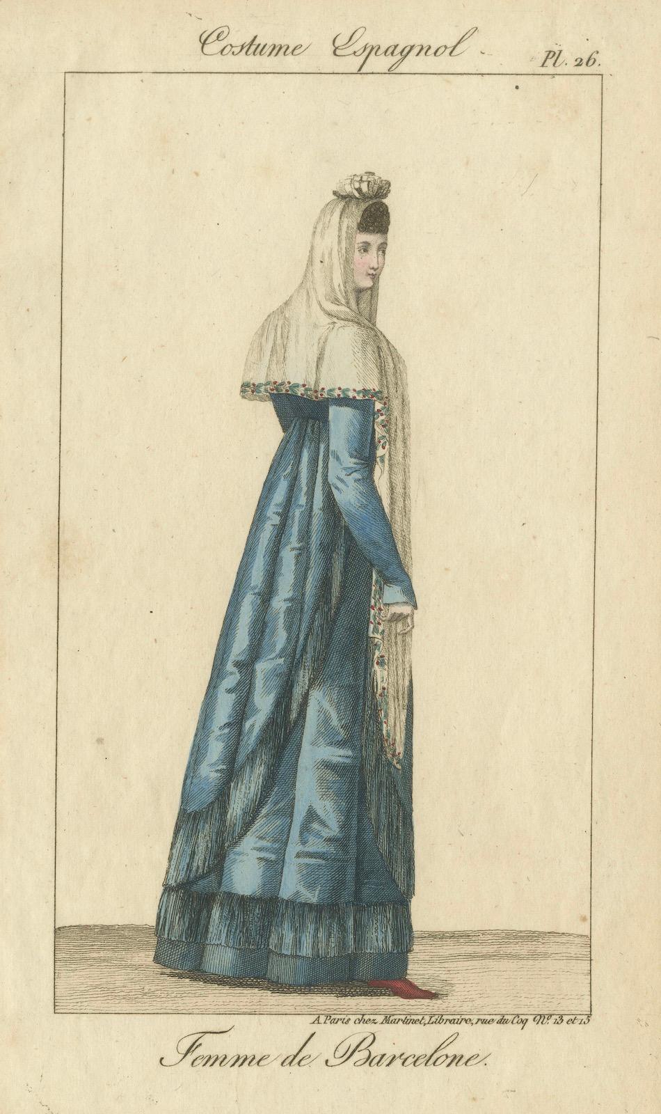 Woman of Barcelona – Hand-Colored Engraving from Costume Espagnol, Paris, c.1805