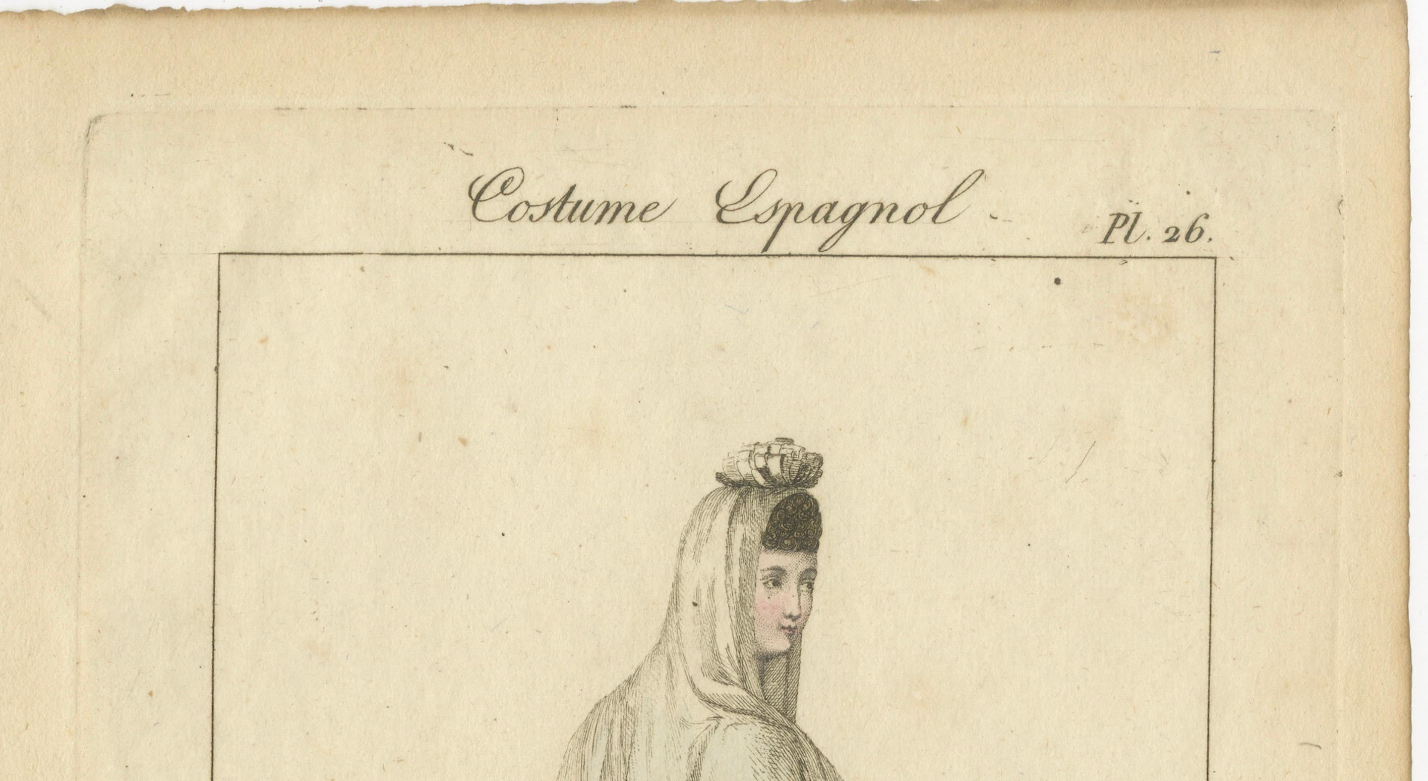 Woman of Barcelona – Hand-Colored Engraving from Costume Espagnol, Paris, c.1805