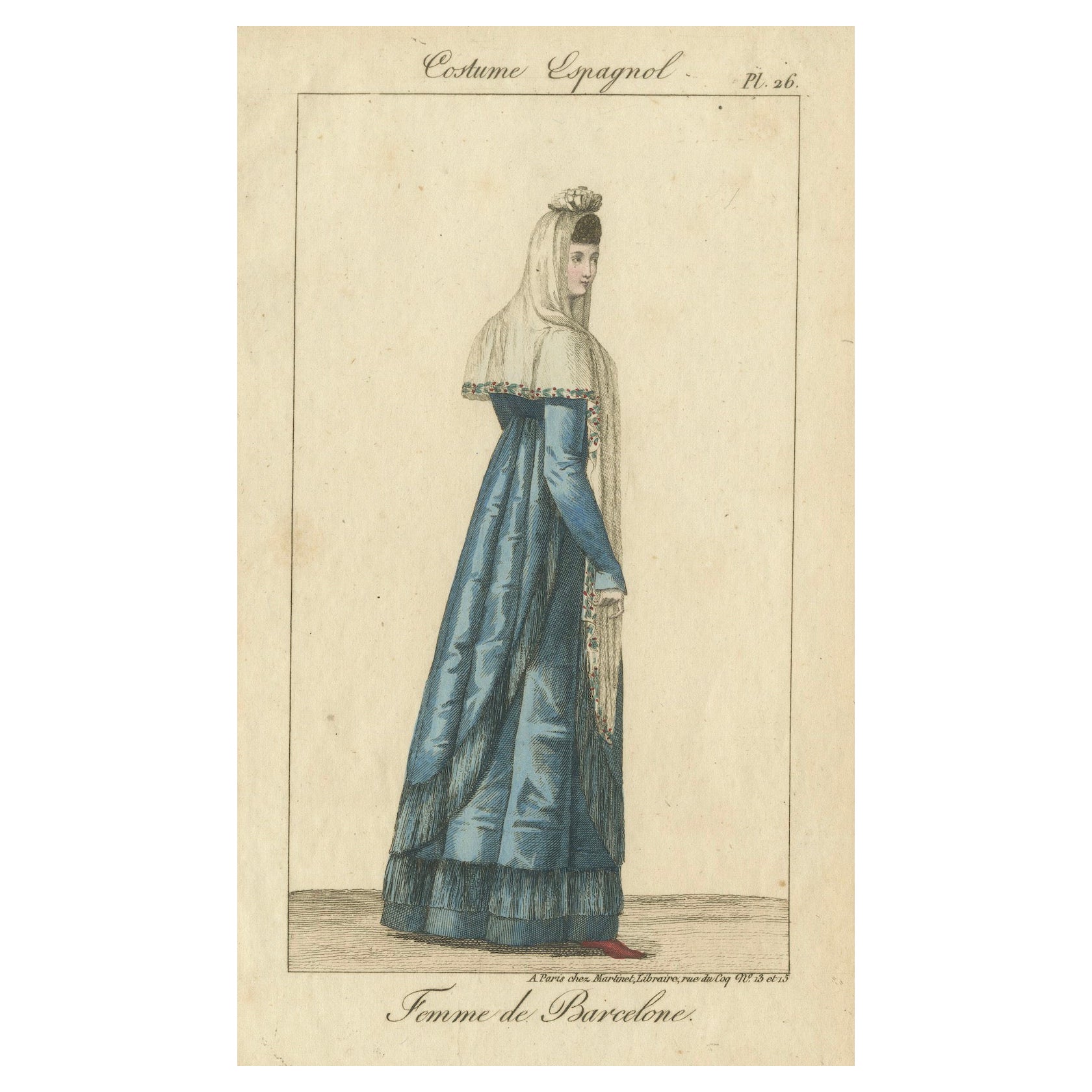 Frau von Barcelona - Handkolorierter Kupferstich aus Costume Espagnol, Paris, um 1805
