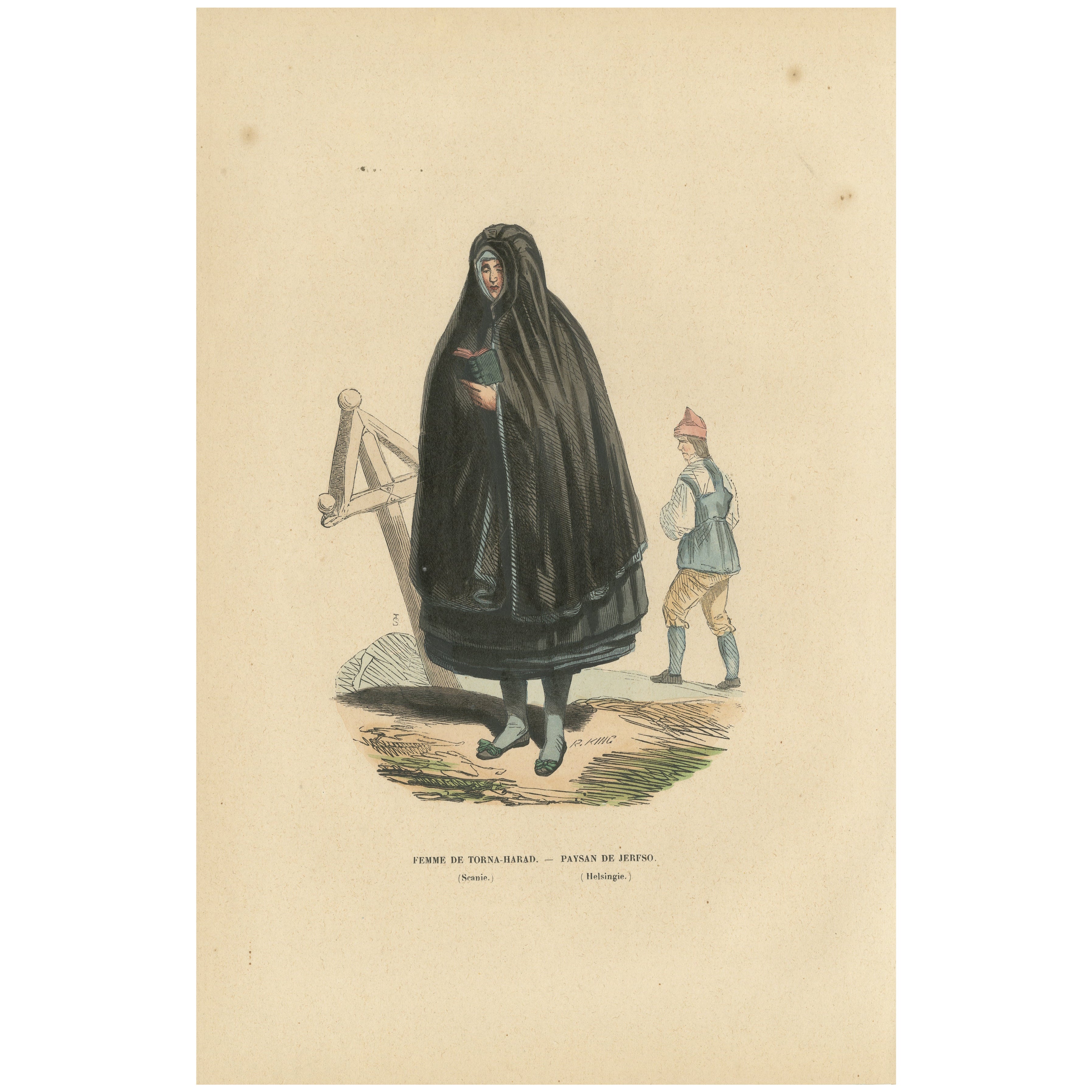 Frau von Torna-Härad und Mann von Järfsö, skandinavische Lithographie, 1845 im Angebot
