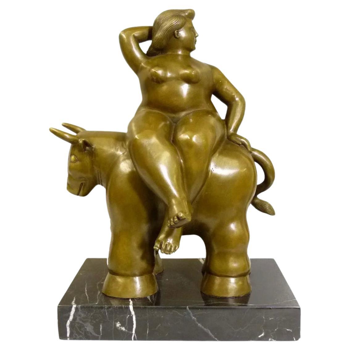 Woman on Bull Sculpture in Bronze, Contemporary Style