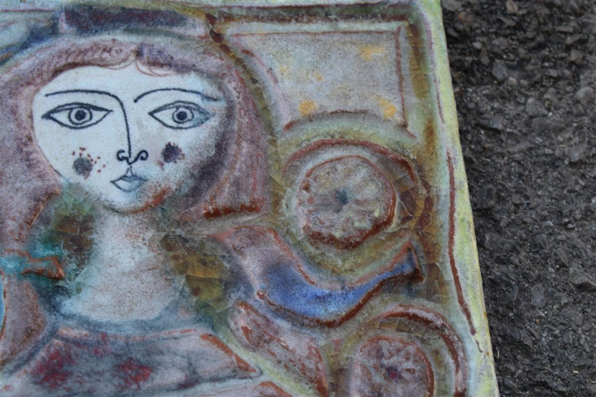 Ceramic Woman on Majolica Tile Giovanni de Simone 1960s Italian Design For Sale