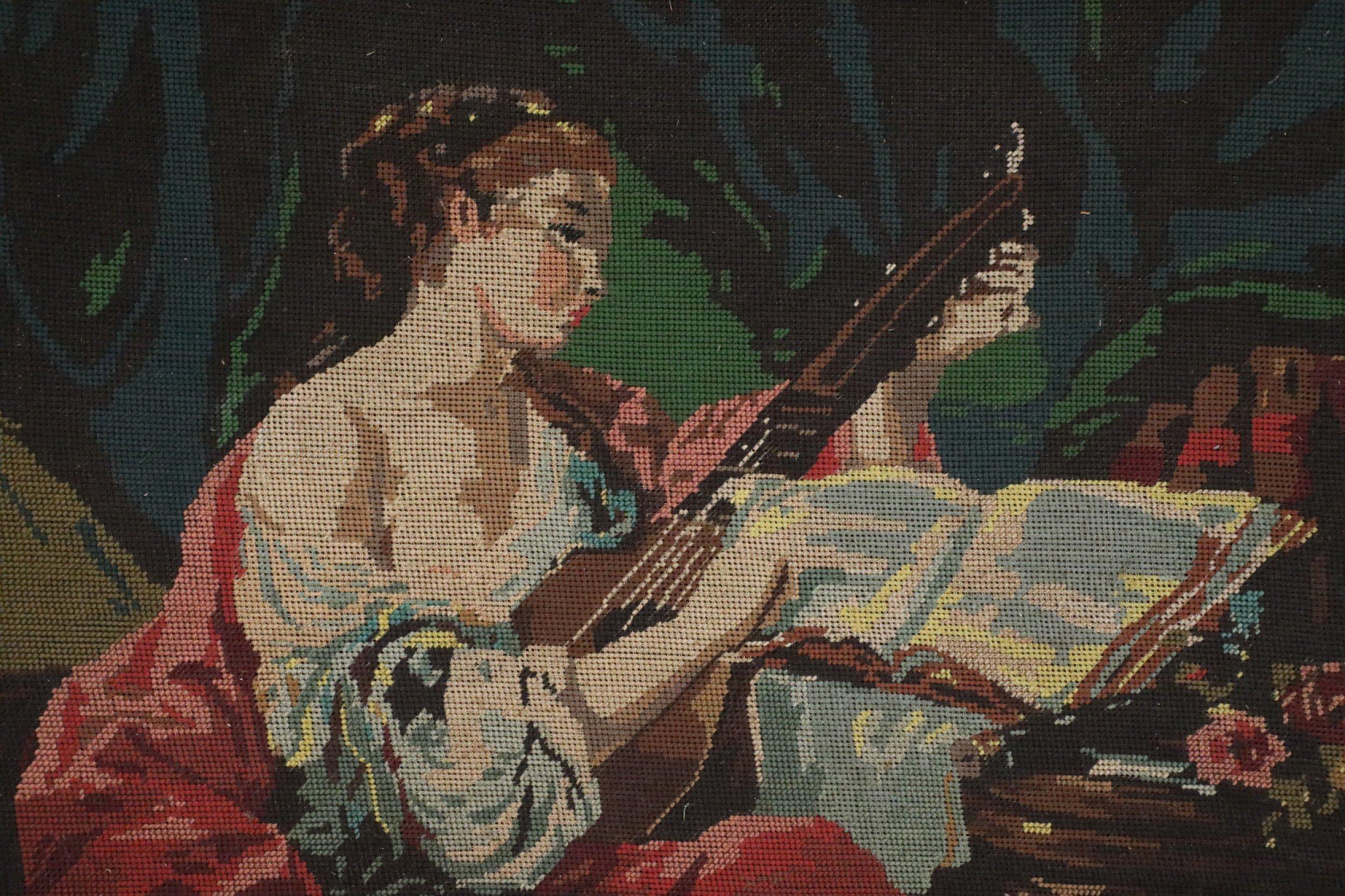 20th Century Woman Playing the Lute Tapestry in Frame For Sale