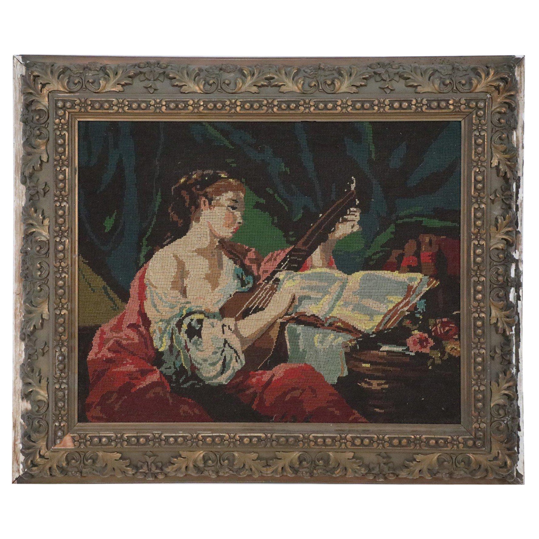 Frau spielt mit dem Lute-Wandteppich in Rahmen