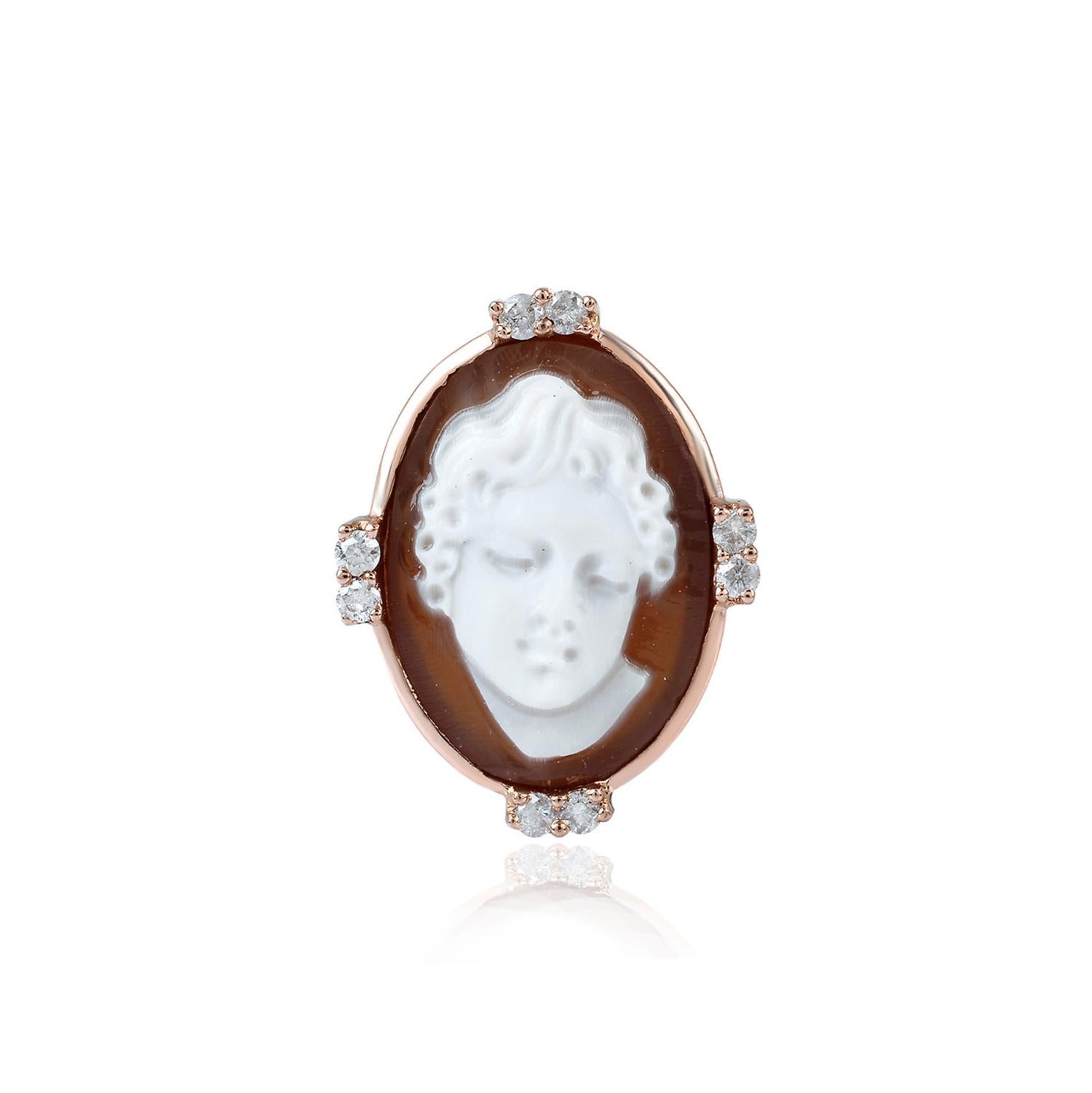 Round Cut Woman Portrait Shell Cameo Stud Earrings With Diamonds 8.98 Carats 18K Gold For Sale
