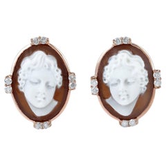 Vintage Woman Portrait Shell Cameo Stud Earrings With Diamonds 8.98 Carats 18K Gold
