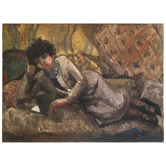 Donna che legge di Fernand Labat, Olio su tela Pittura impressionista Arte Antiques
