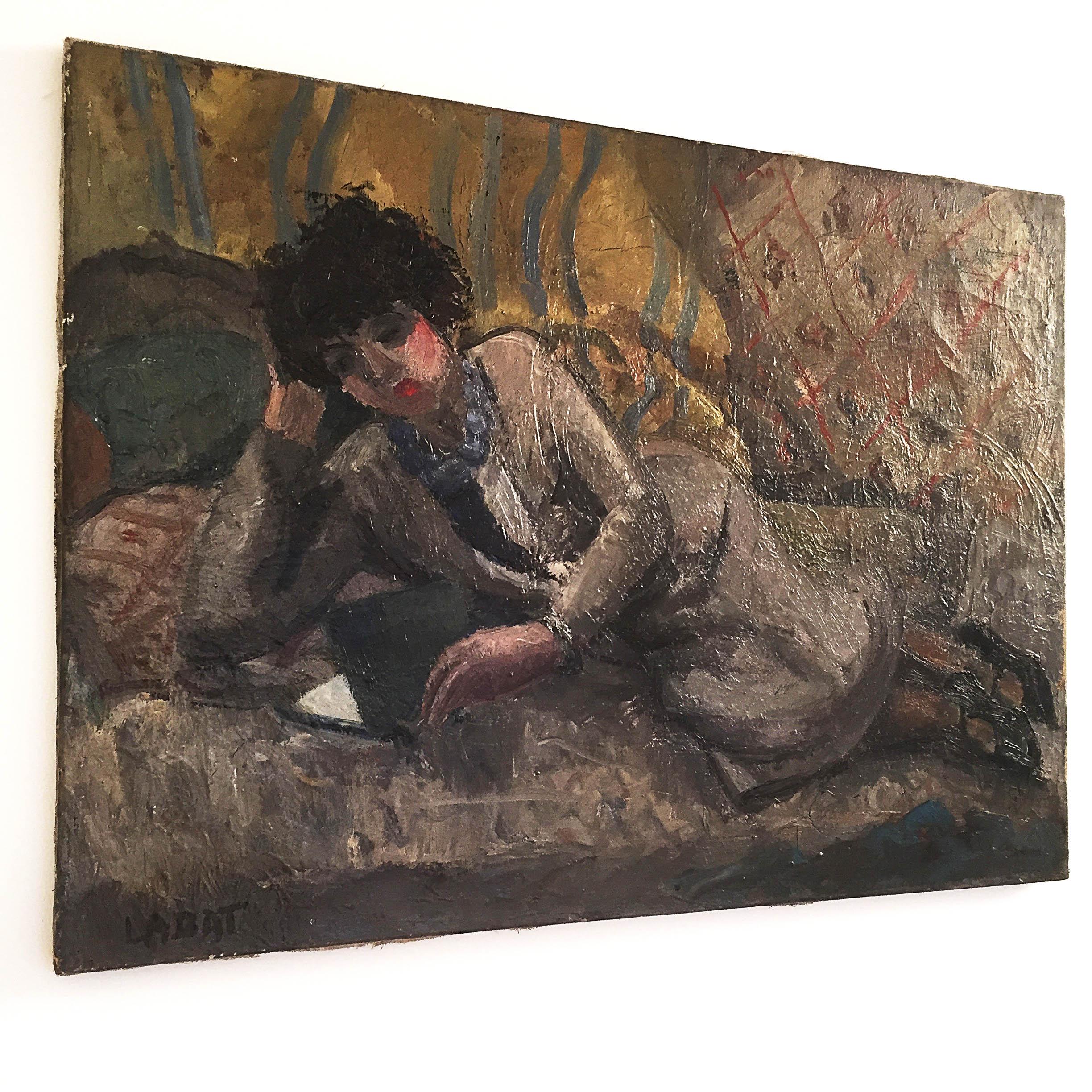 Art Deco Woman Reading by Fernand Labat, Oil on Canvas Impressionist Painting Antique Art For Sale