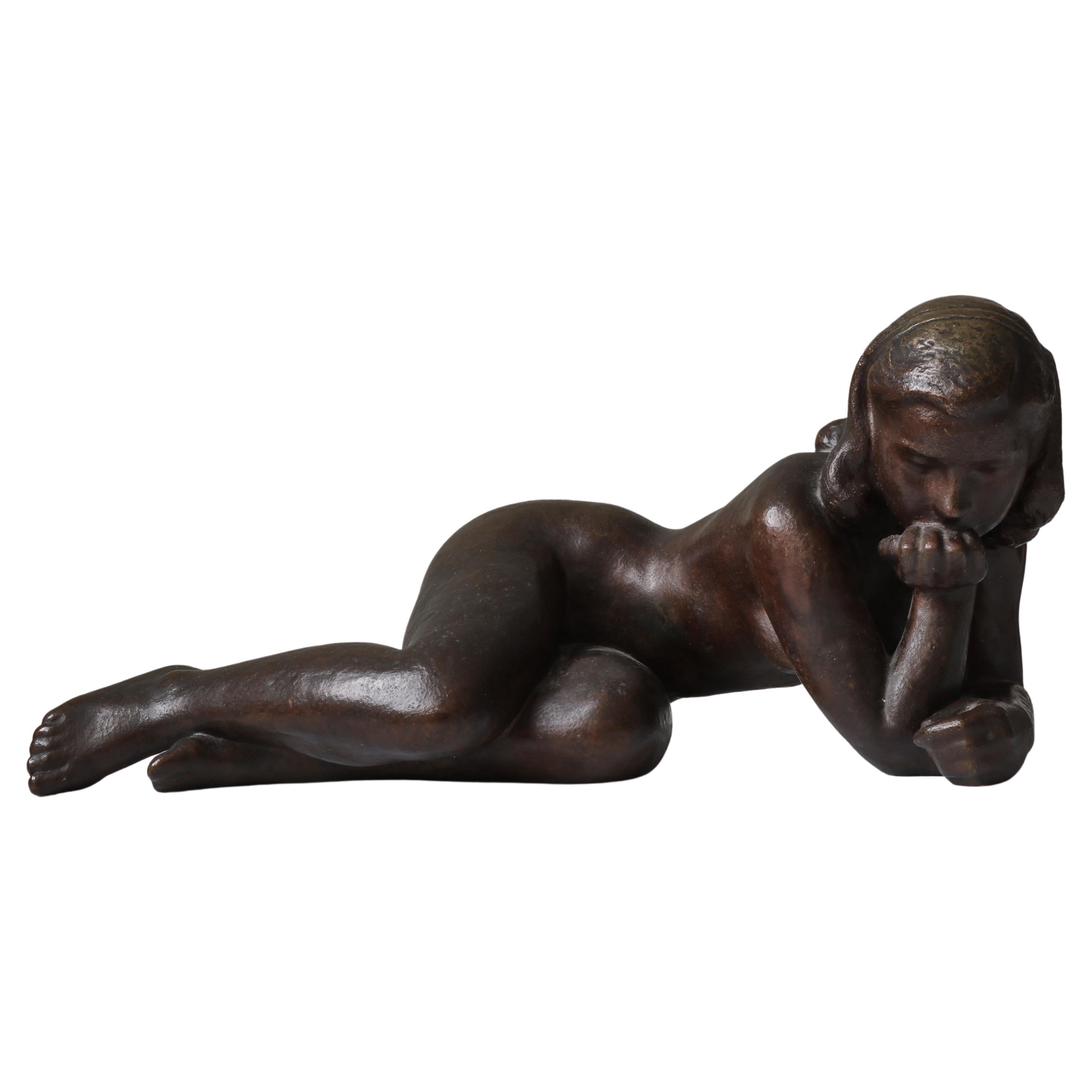 Large Woman Sculpture Patinated Bronze by Johannes Hansen, Denmark, 1940s For Sale