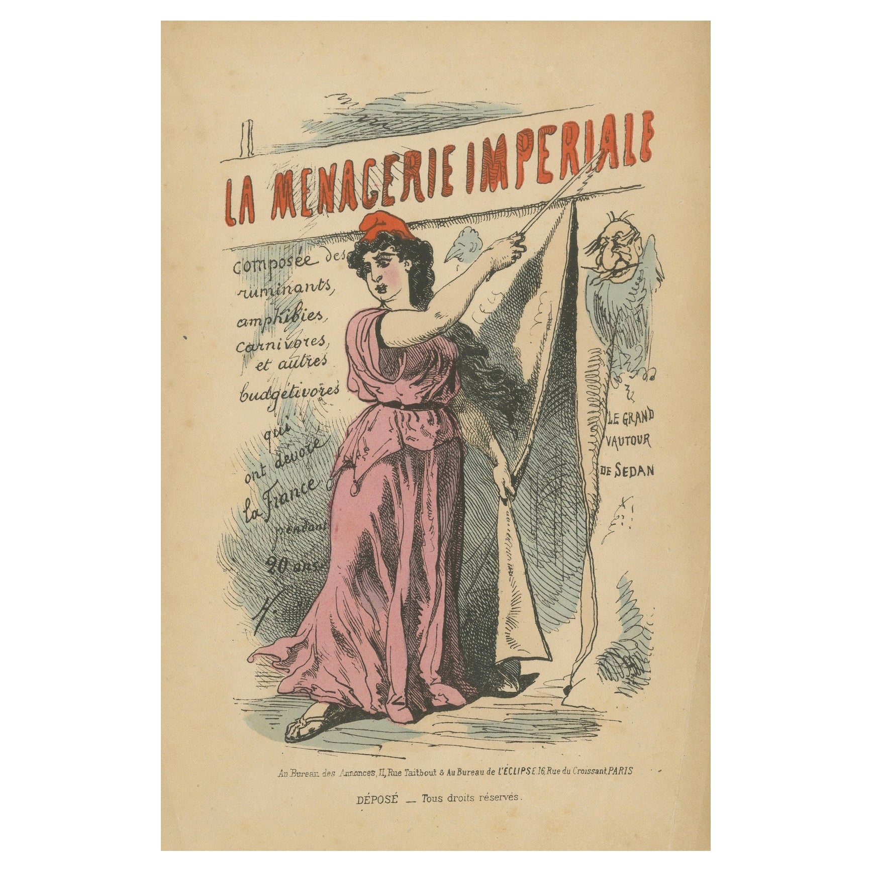 Woman Unveiling "La Menagerie Imperiale" Banner with Vulture Onlook, 1870 For Sale