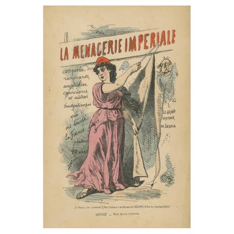 Woman Unveiling "La Menagerie Imperiale" Banner with Vulture Onlook, 1870