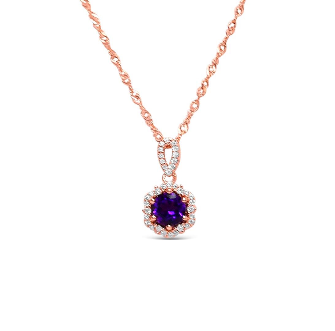 Round Cut Woman Wedding Amethyst Pendant Necklace 1.00 ct 18K Rose Gold Sterling Silver  For Sale