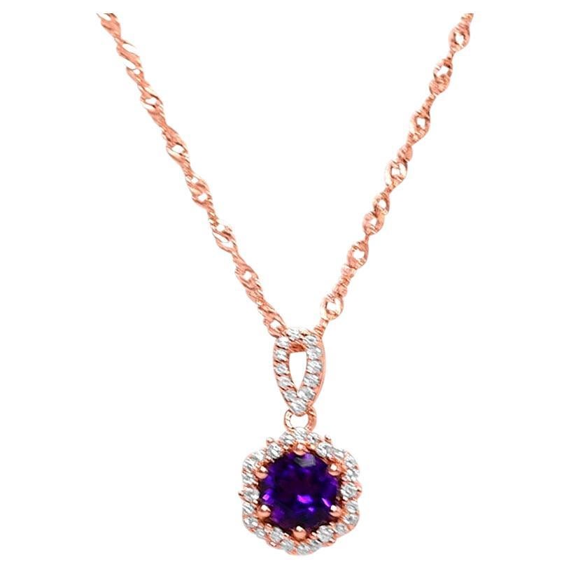 Woman Wedding Amethyst Pendant Necklace 1.00 ct 18K Rose Gold Sterling Silver  For Sale