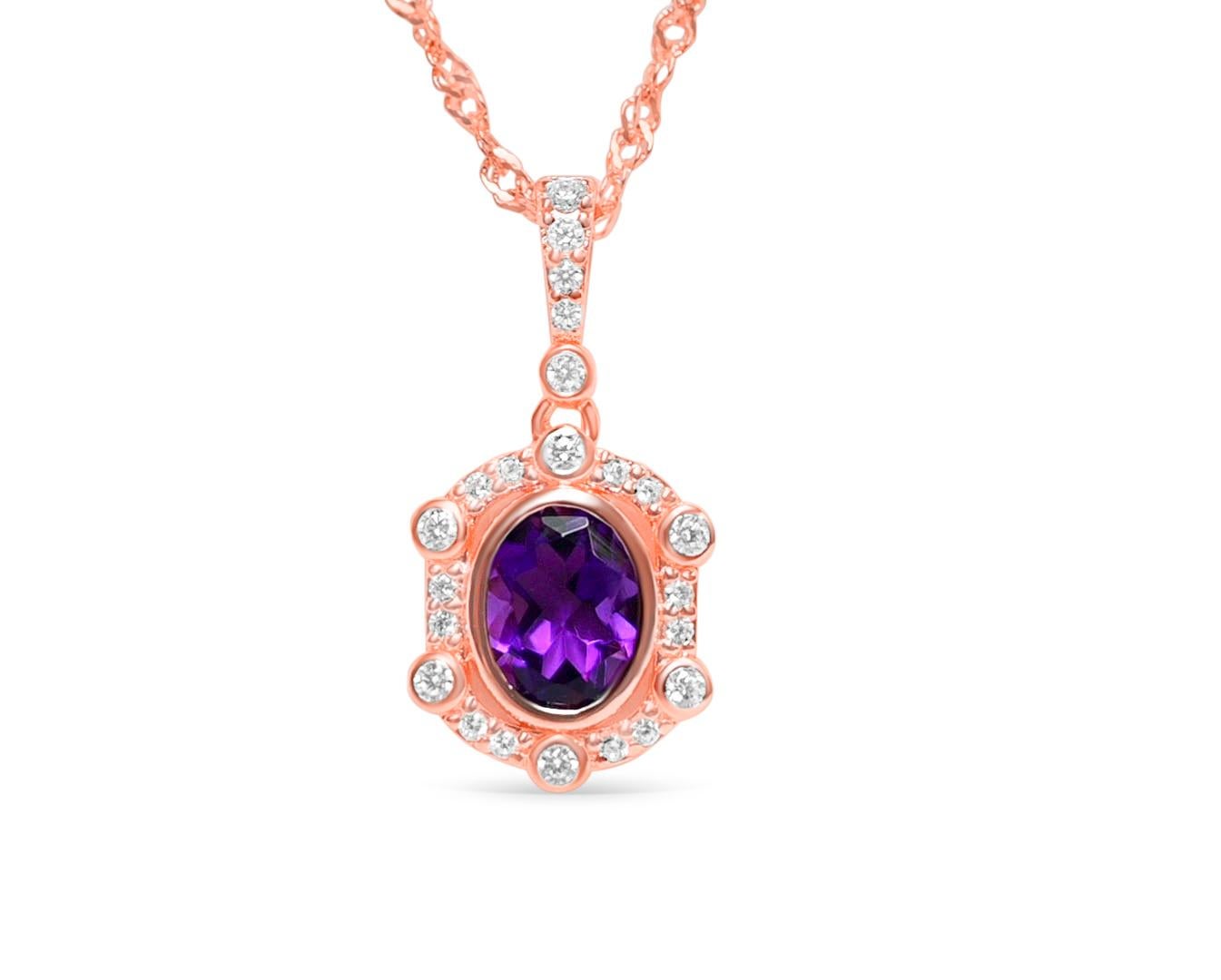 Oval Cut Woman Wedding Amethyst Pendant Necklace 1.04 ct 18K Rose Gold Sterling Silver  For Sale