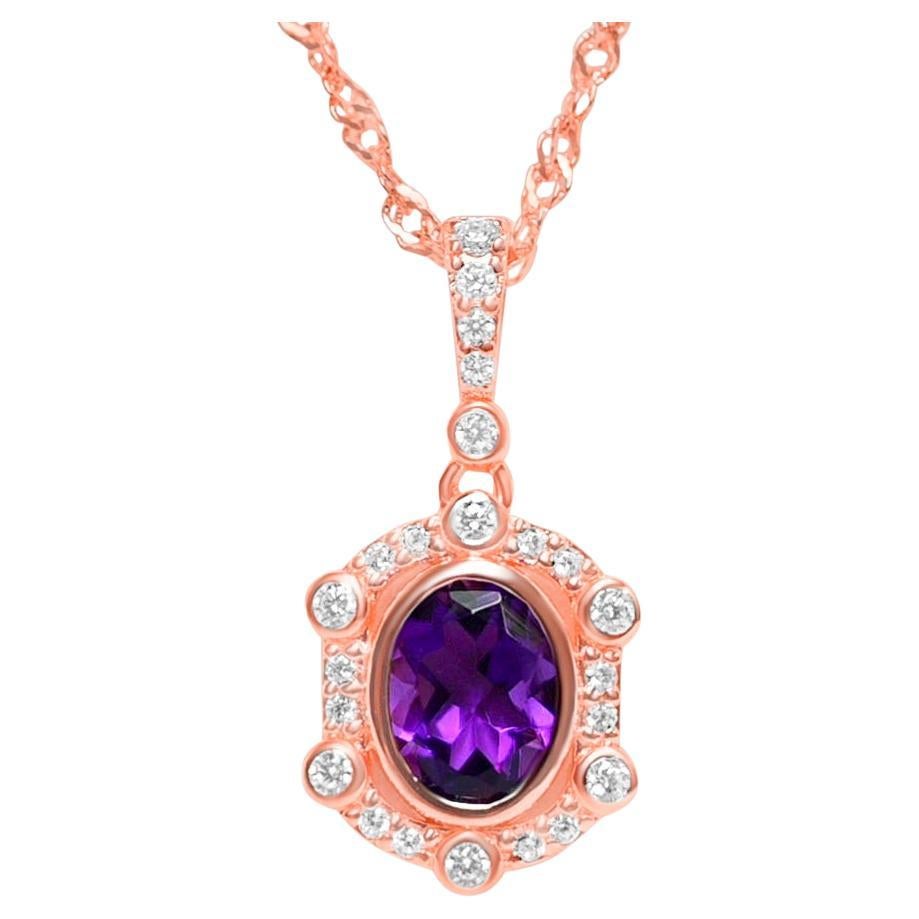 Woman Wedding Amethyst Pendant Necklace 1.04 ct 18K Rose Gold Sterling Silver  For Sale