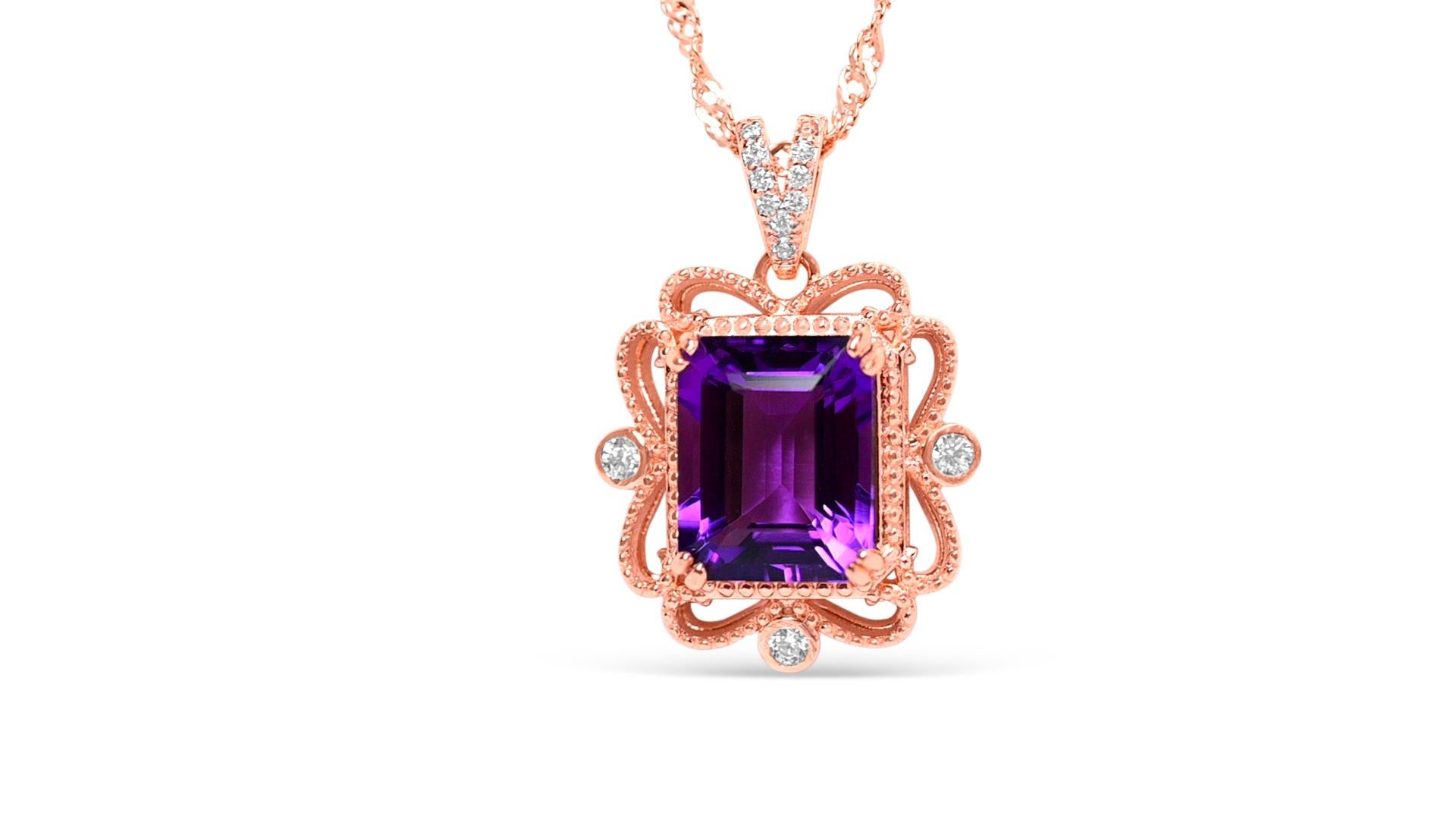Octagon Cut Woman Wedding Amethyst Pendant Necklace 4.33 ct 18K Rose Gold Sterling Silver  For Sale
