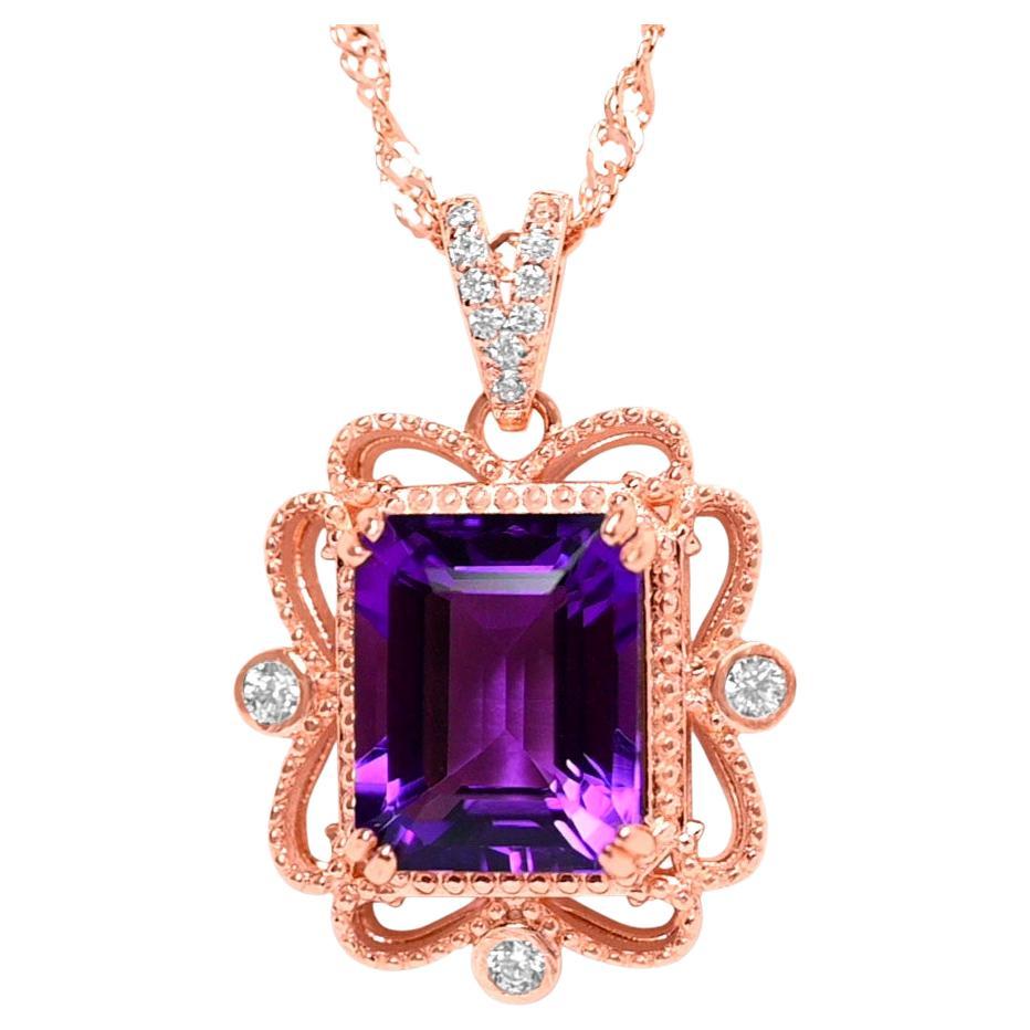 Woman Wedding Amethyst Pendant Necklace 4.33 ct 18K Rose Gold Sterling Silver  For Sale