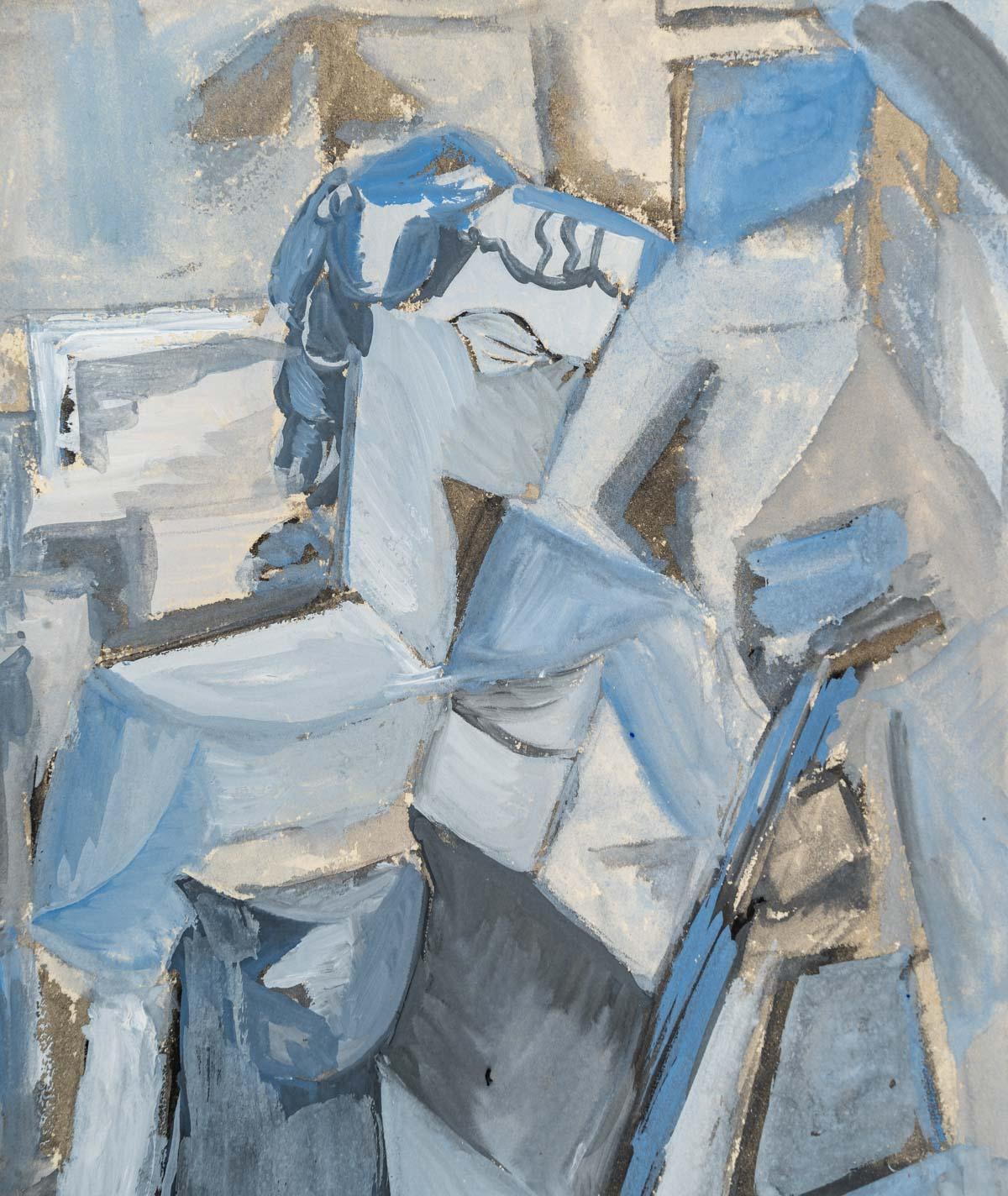 Olio su carta di colore blu cubista, donna con mandolino, XX secolo. 
Misure: H: 31,5, L: 24 cm.