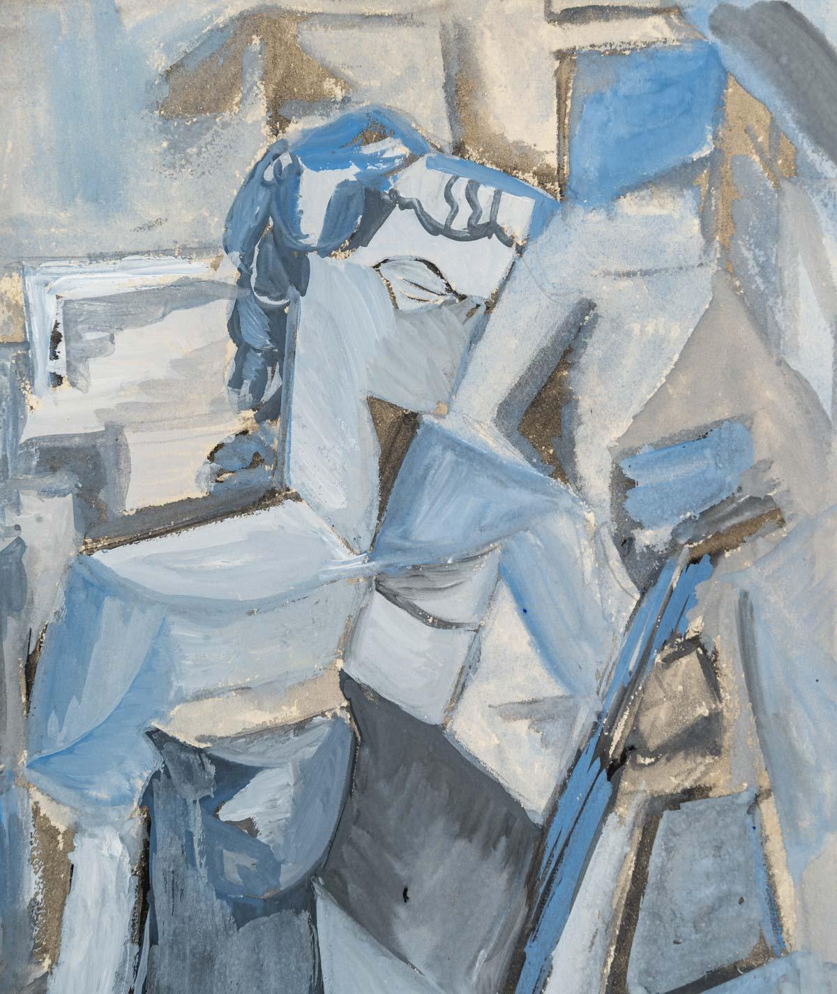 Oil on paper cubist blue colour, woman with a mandolin, XX century. 
Measures: H: 31.5, W: 24 cm.