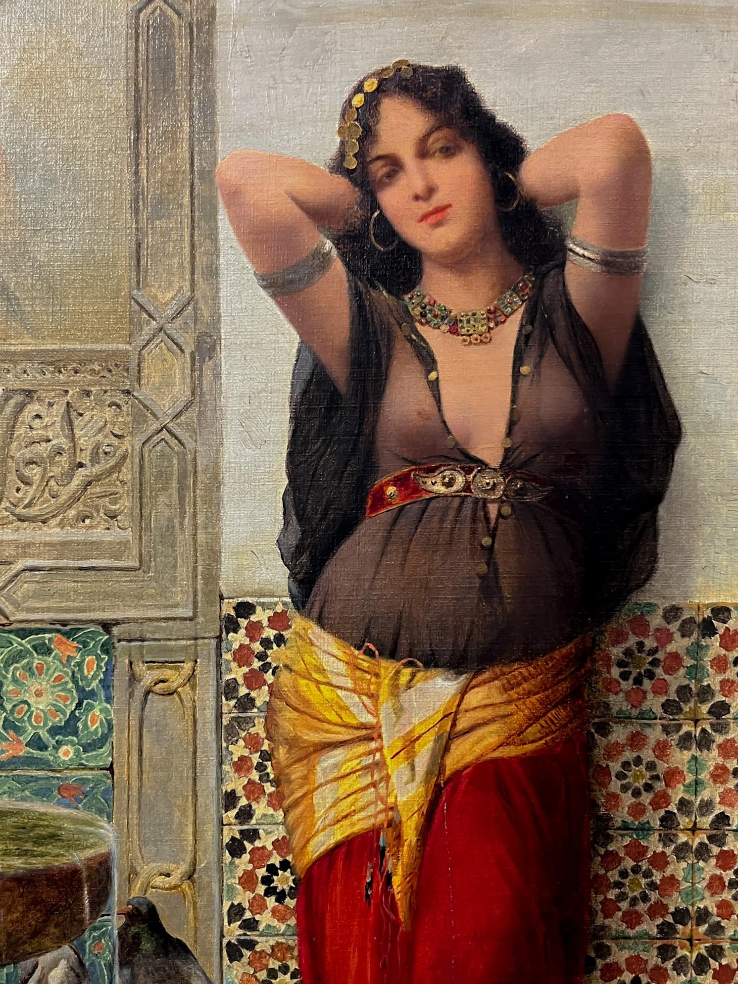 A fine oil painting depicting a figure of a woman in a harem wearing a billowing black sheer top, an ornately beaded necklace and a fabulous red belt with large gold hardware, as she relaxes in an interior home courtyard with pigeons and fountain.