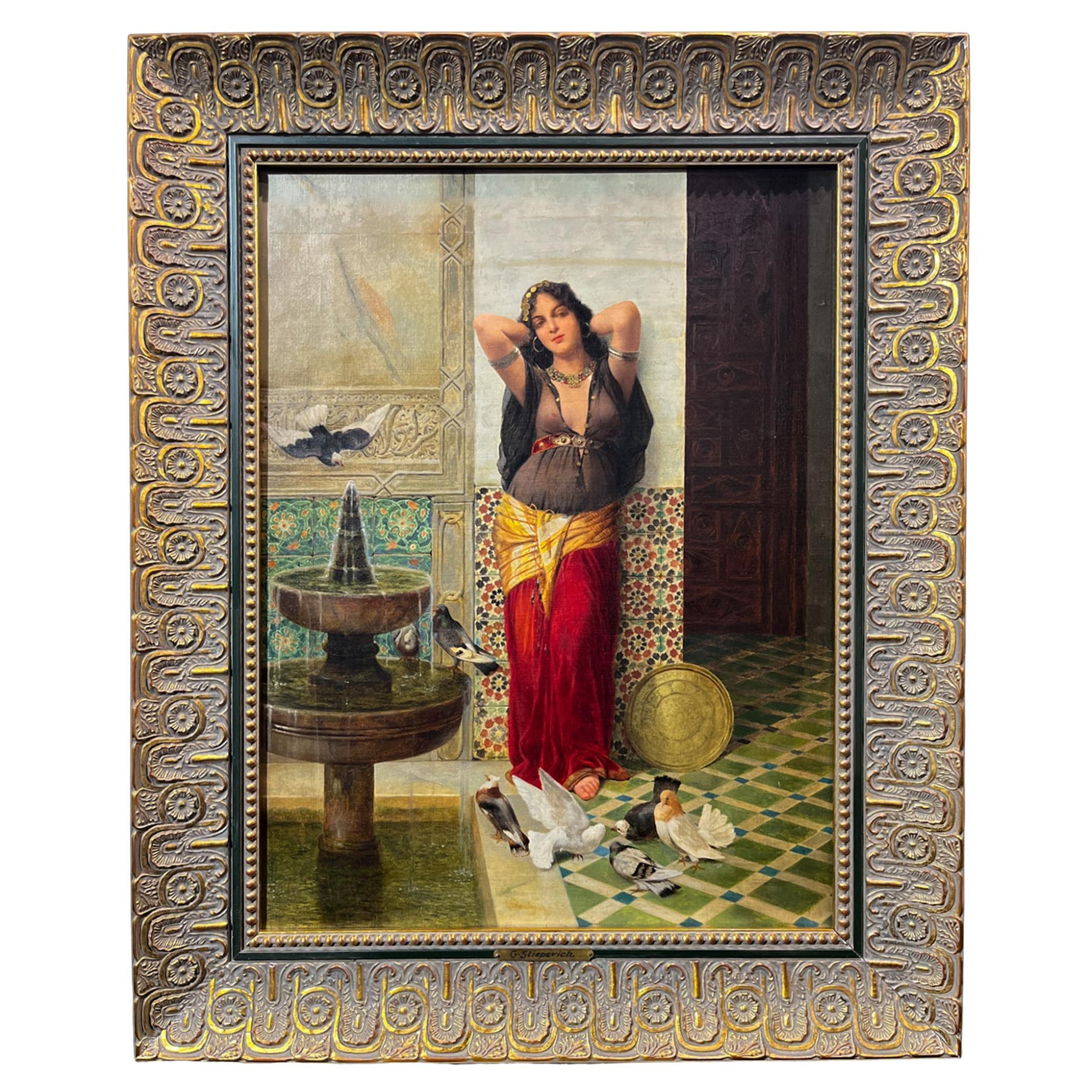 Woman with Birds by Vincent Stiepevich Orientalist Oil Painting