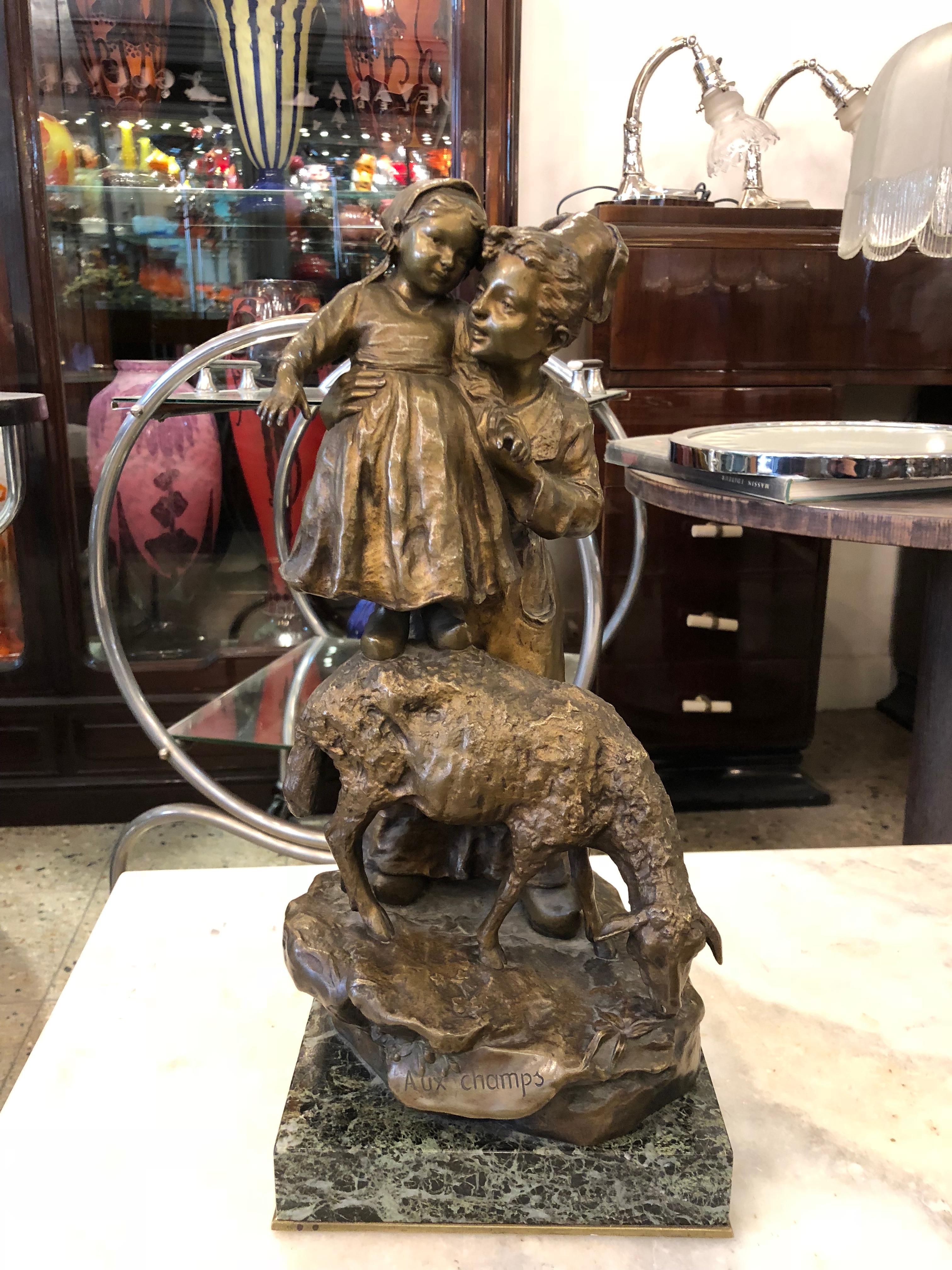 French Woman with Child in Bronze and Marble. Sign: J.D. Aste , Art Nouveau For Sale