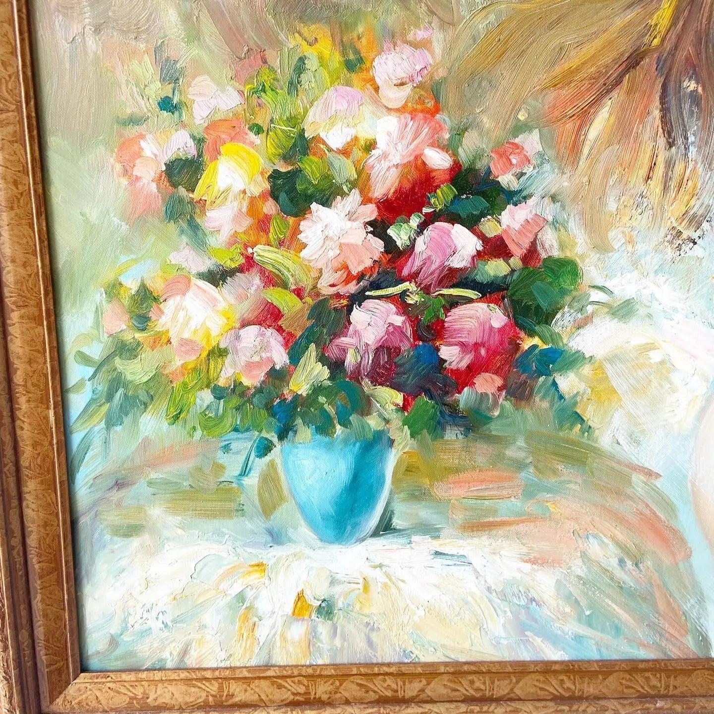 Frau mit Blumen, gerahmtes und signiertes Ölgemälde von B. Danny (Ende des 20. Jahrhunderts) im Angebot