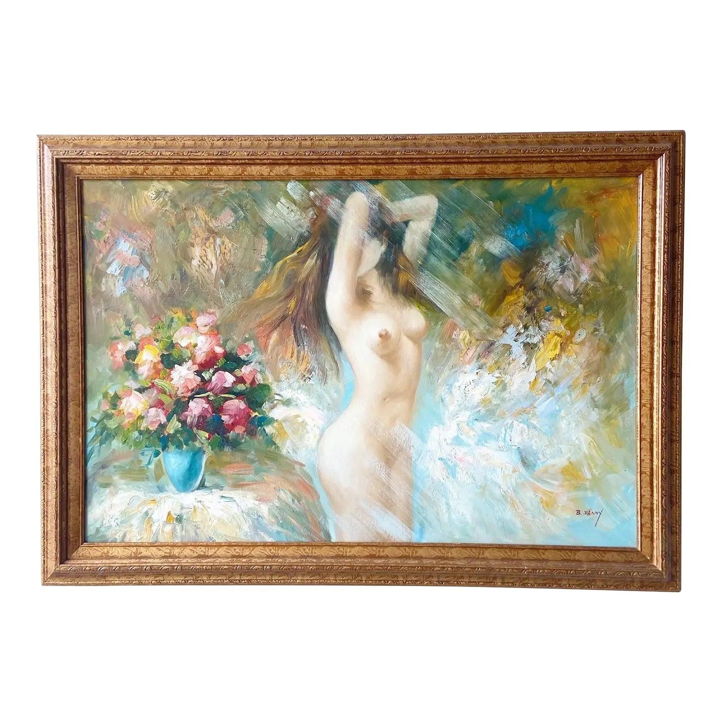 Femme avec des fleurs, peinture à l'huile encadrée et signée par I. A. B.