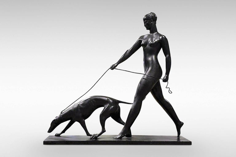 French 'Woman with Greyhound' by Raymond Rivoire: an Art Deco Bronze Sculpture For Sale