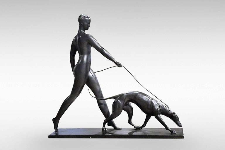 'Woman with Greyhound' by Raymond Rivoire: an Art Deco Bronze Sculpture In Good Condition For Sale In Kent, GB