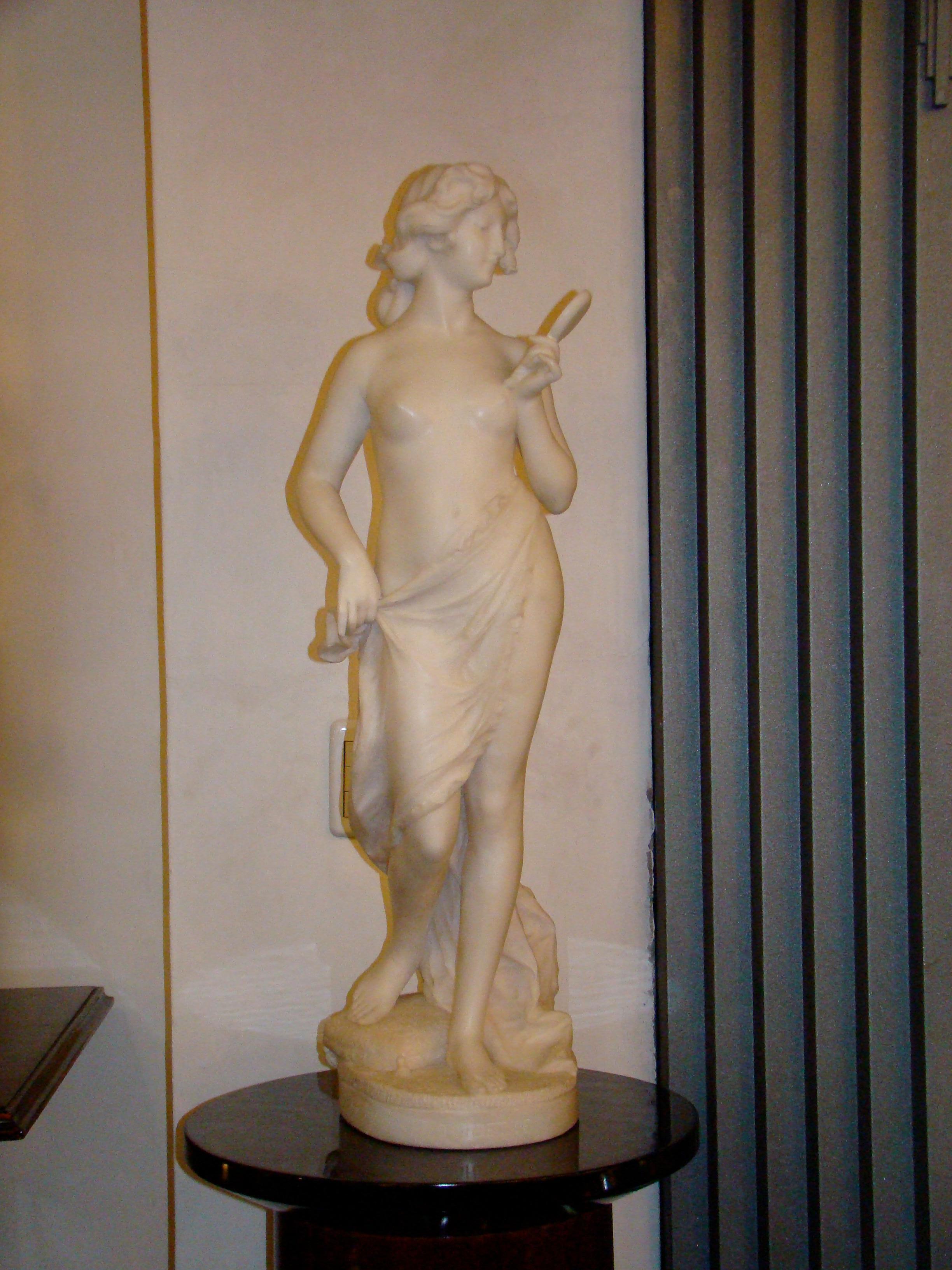 Art Nouveau Woman with mirror Sculpture in Marble Sign: Prof. Jory , Galleria Lapini Firenze For Sale