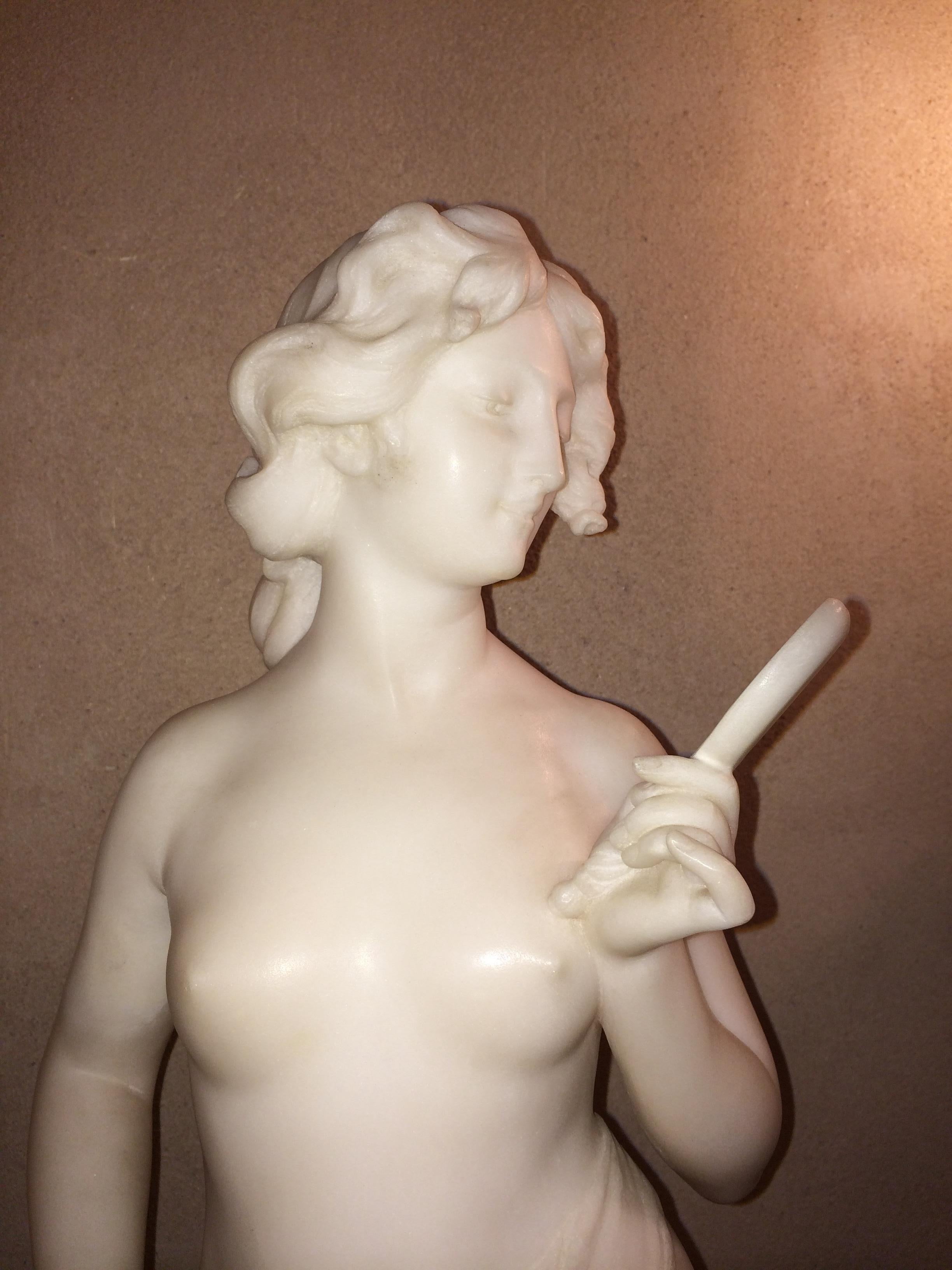 Early 20th Century Woman with mirror Sculpture in Marble Sign: Prof. Jory , Galleria Lapini Firenze For Sale
