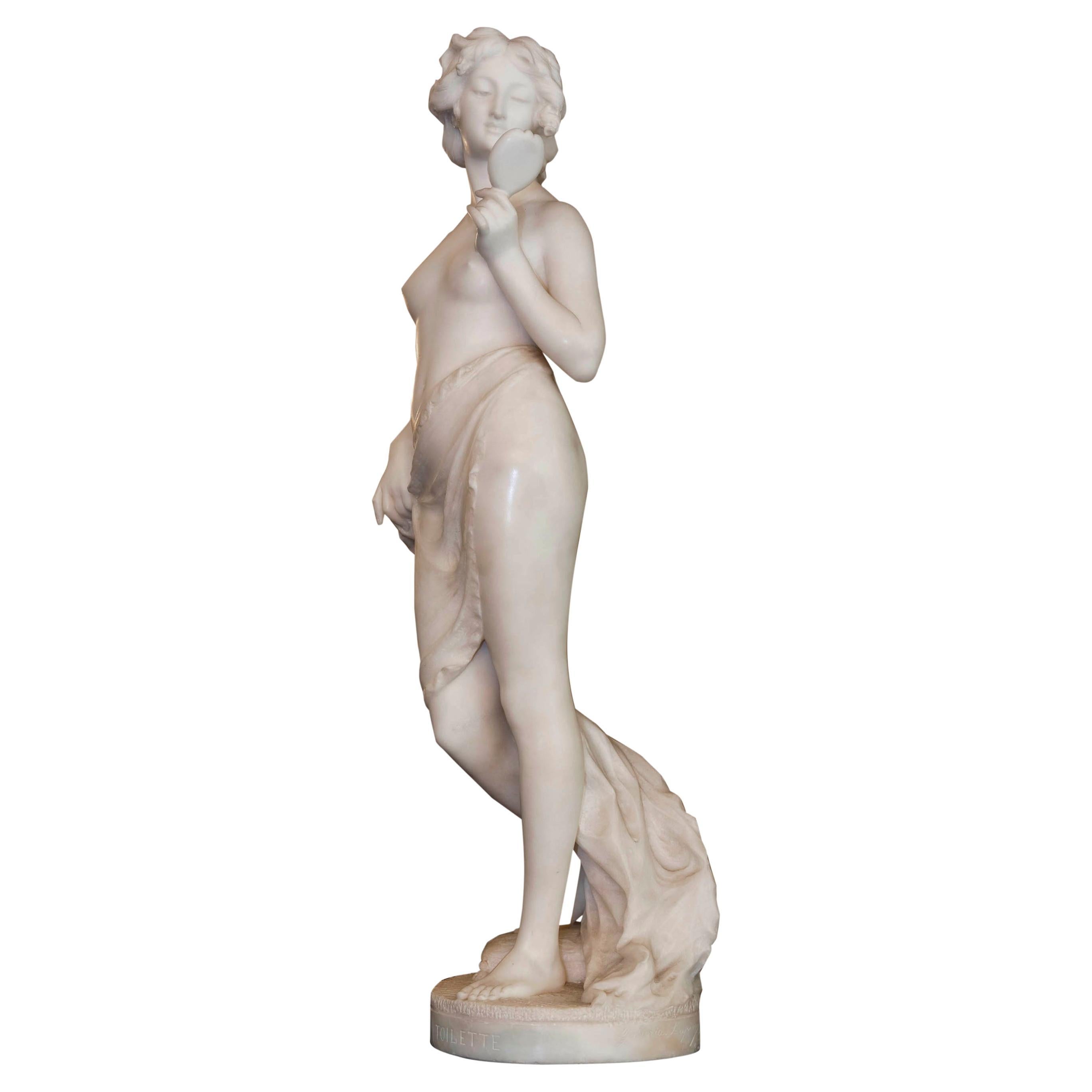 Woman with mirror Sculpture in Marble Sign: Prof. Jory , Galleria Lapini Firenze For Sale