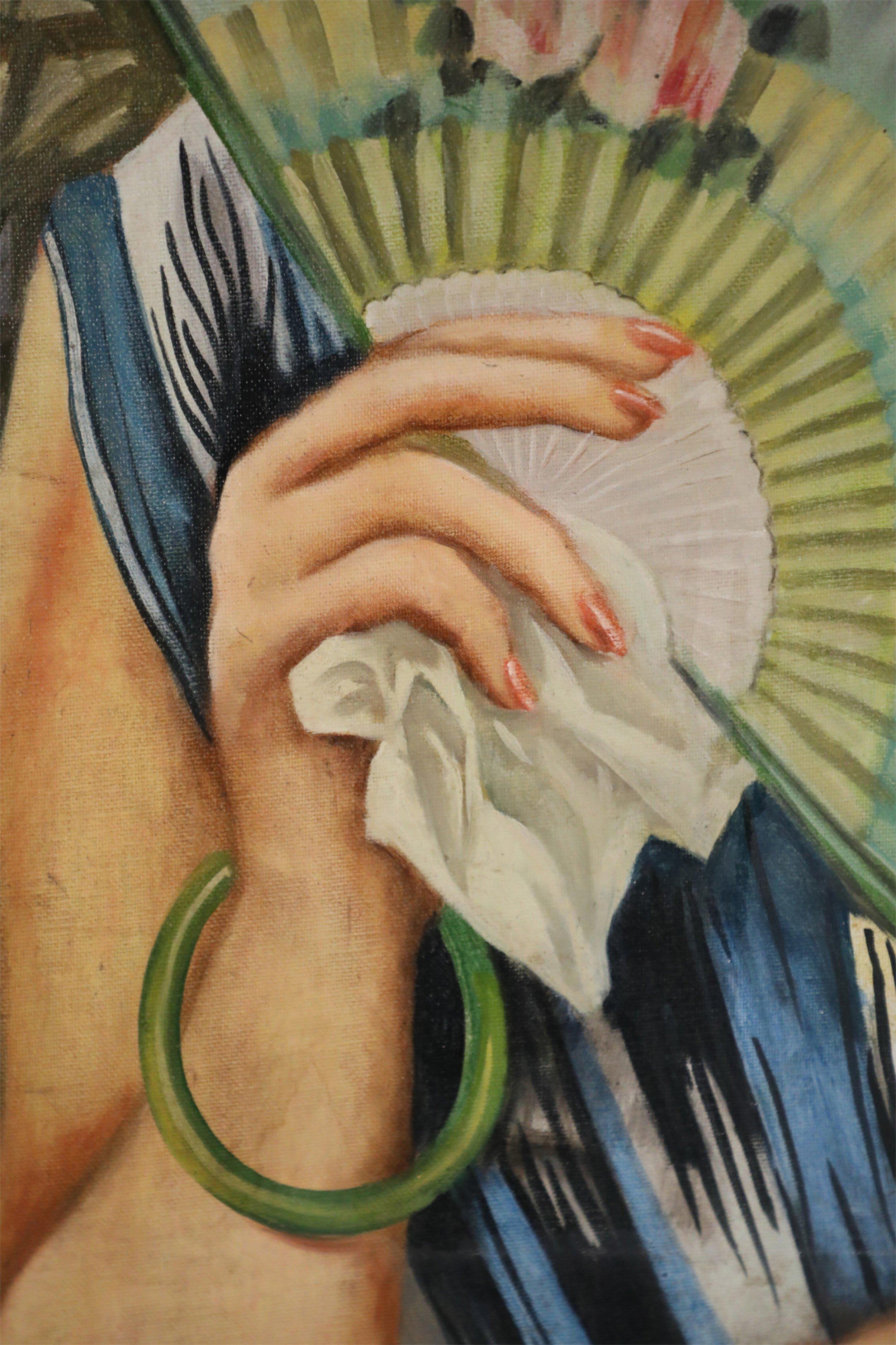 Peinture de portrait sur toile - Femme avec éventail de papier en vente 2