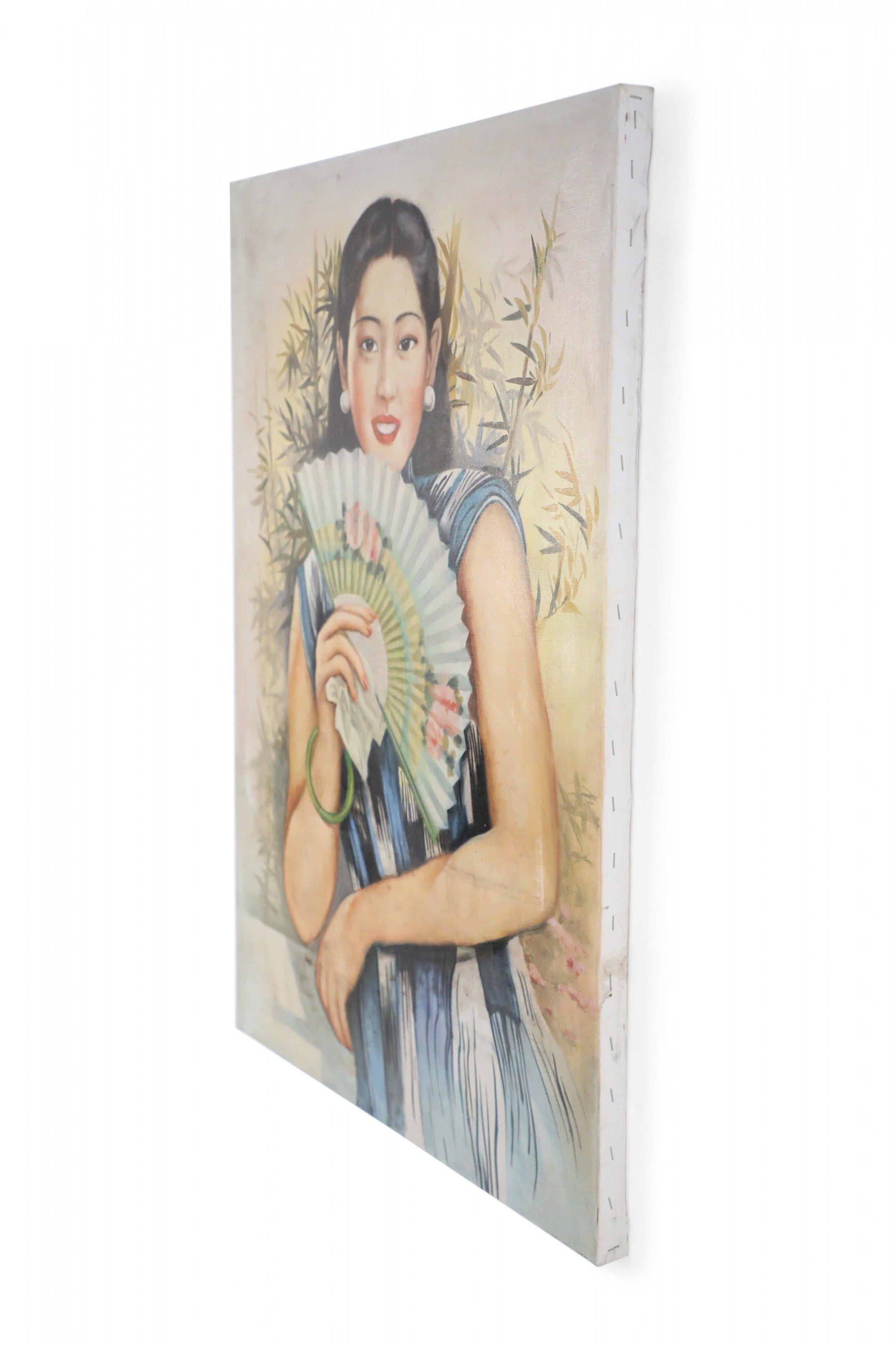 Woman with Paper Fan Portrait Painting on Canvas For Sale 5