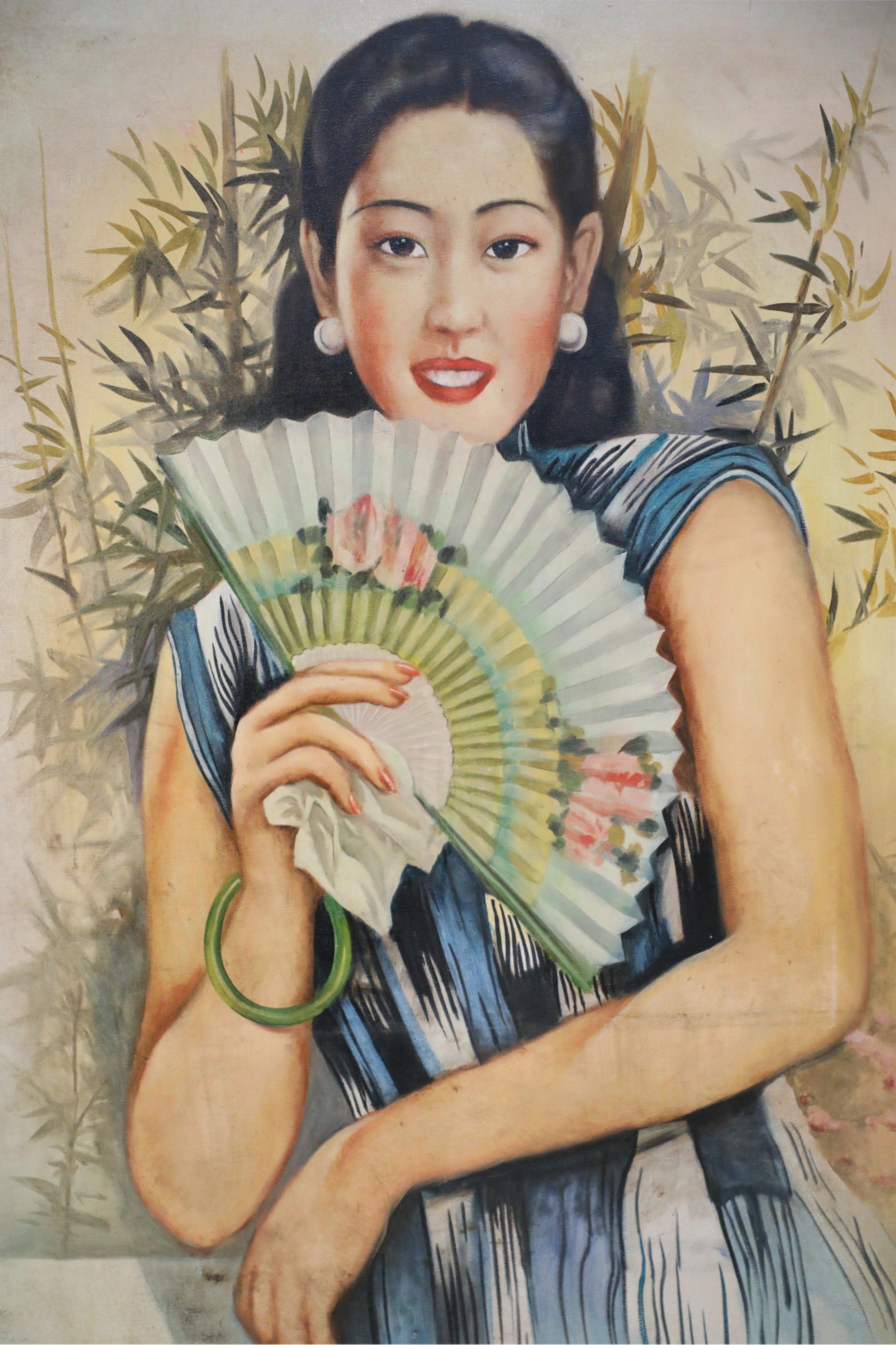 Peinture de portrait sur toile - Femme avec éventail de papier Bon état - En vente à New York, NY