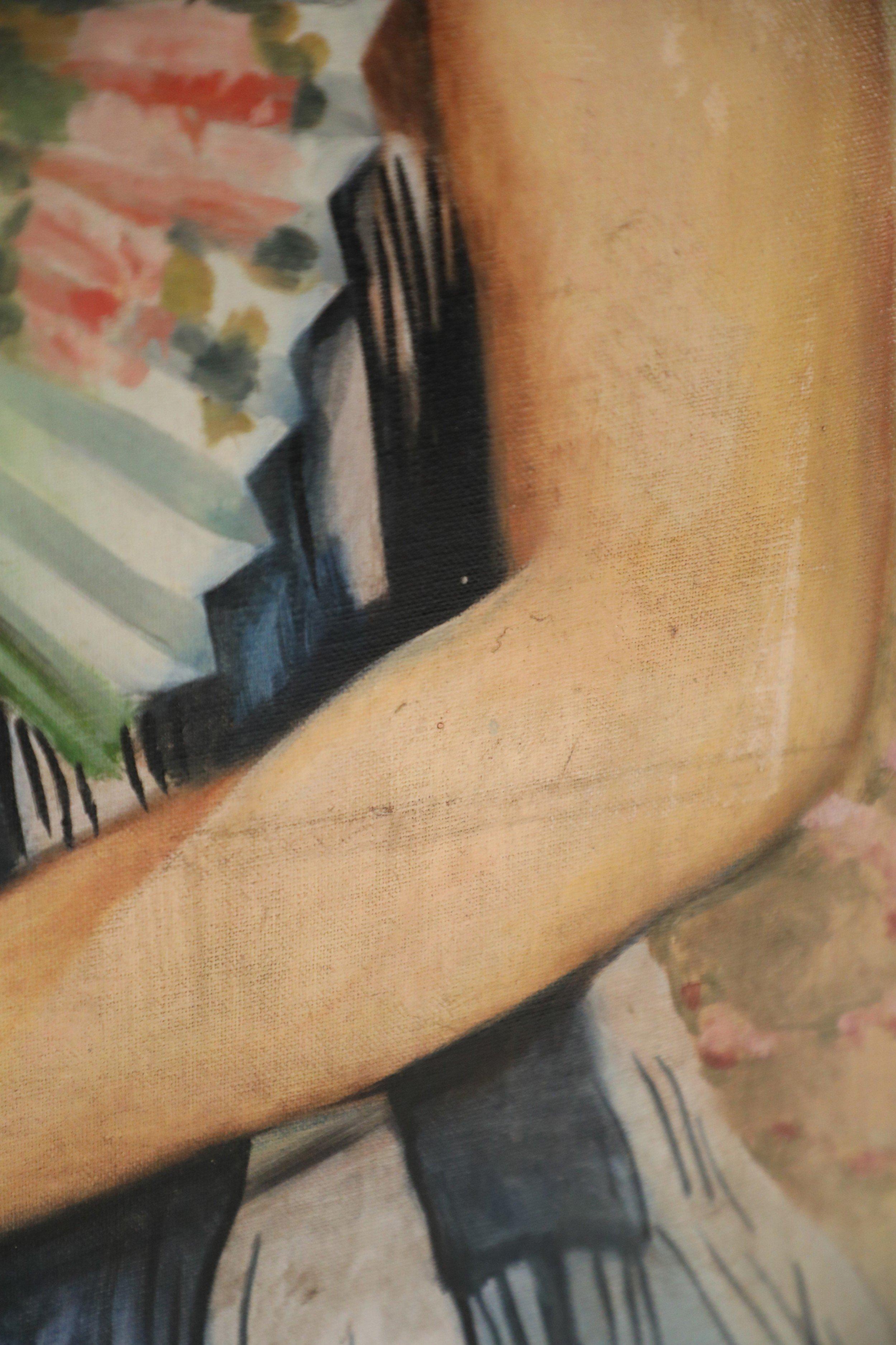 20ième siècle Peinture de portrait sur toile - Femme avec éventail de papier en vente