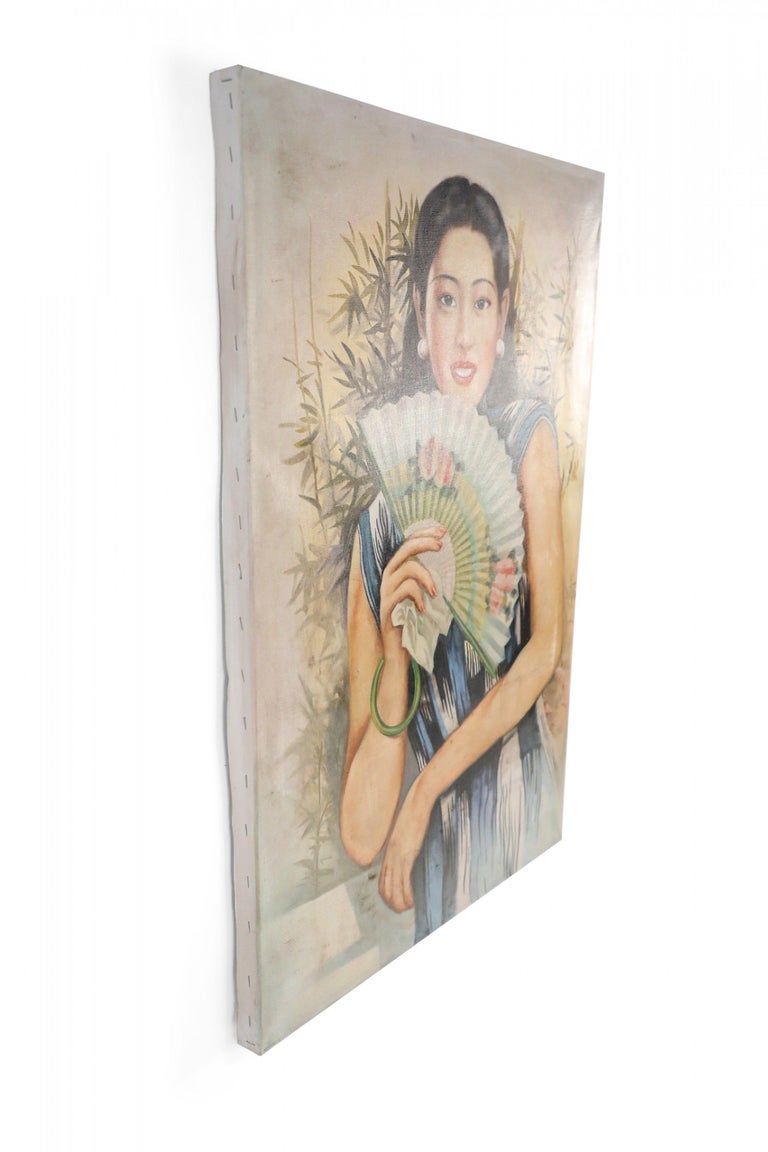Woman with Paper Fan Portrait Painting on Canvas For Sale at 1stDibs