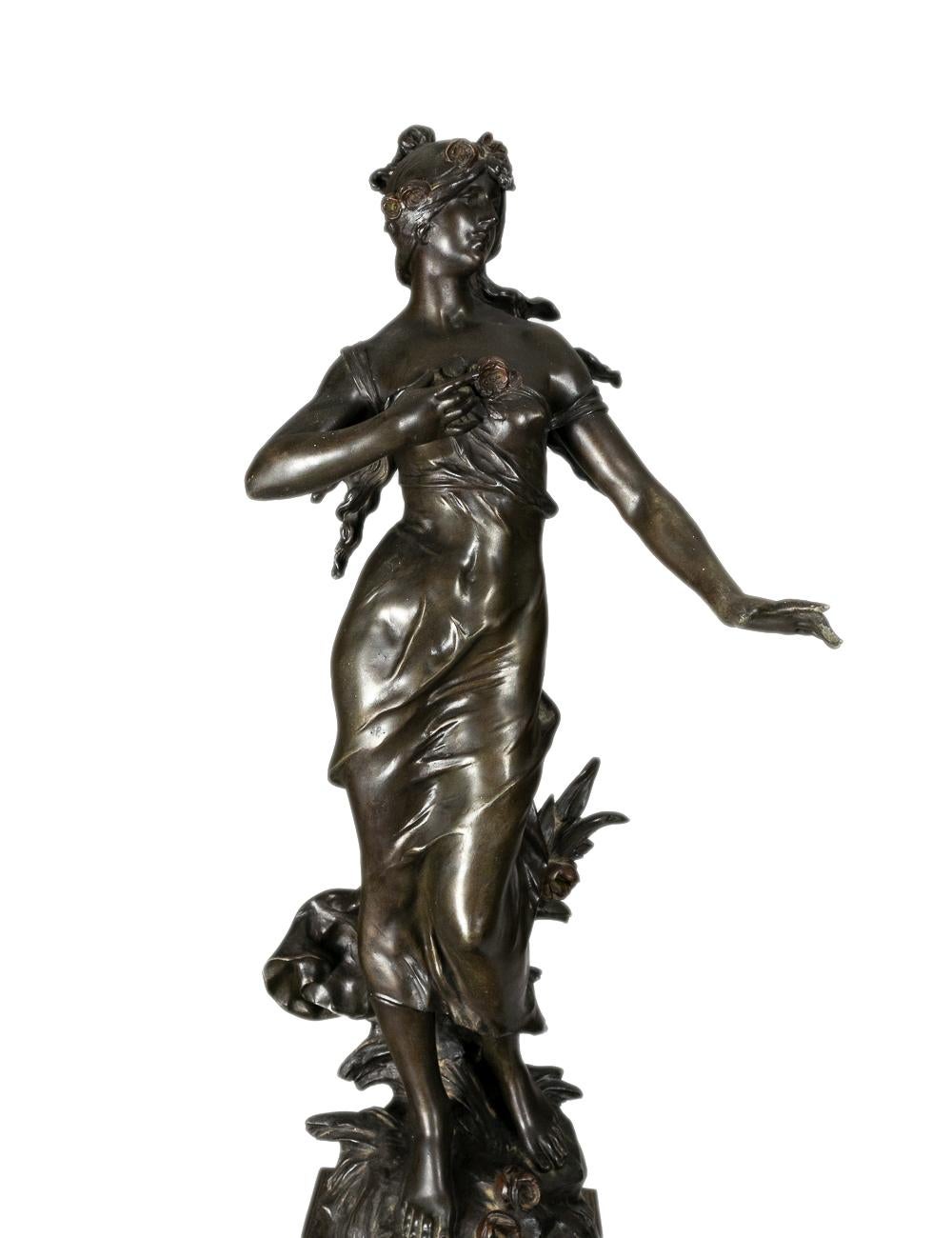 Woman with Roses Sculpture by Auguste Moreau, 19th Century For Sale 3