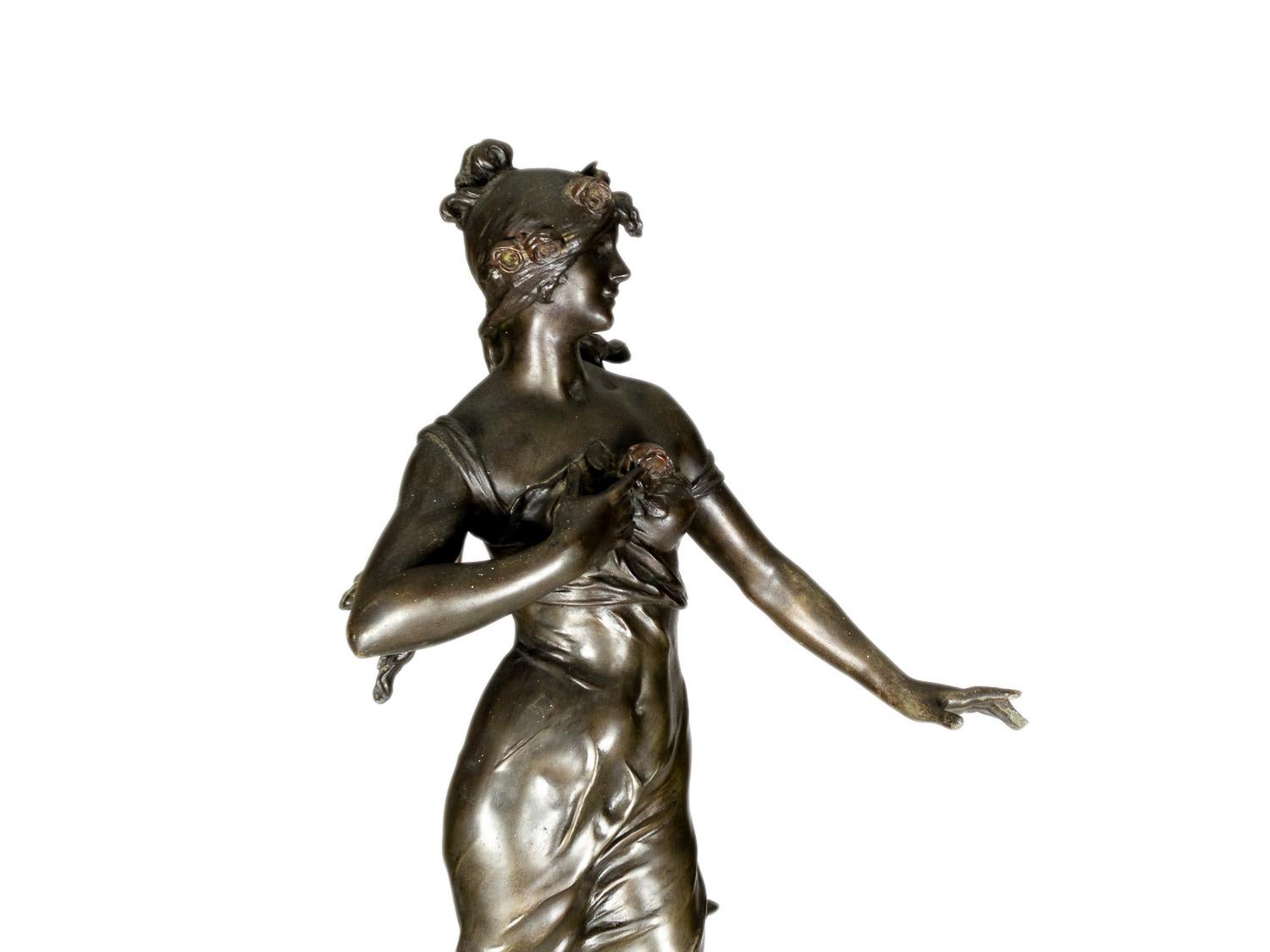 Belle Époque Woman with Roses Sculpture by Auguste Moreau, 19th Century For Sale