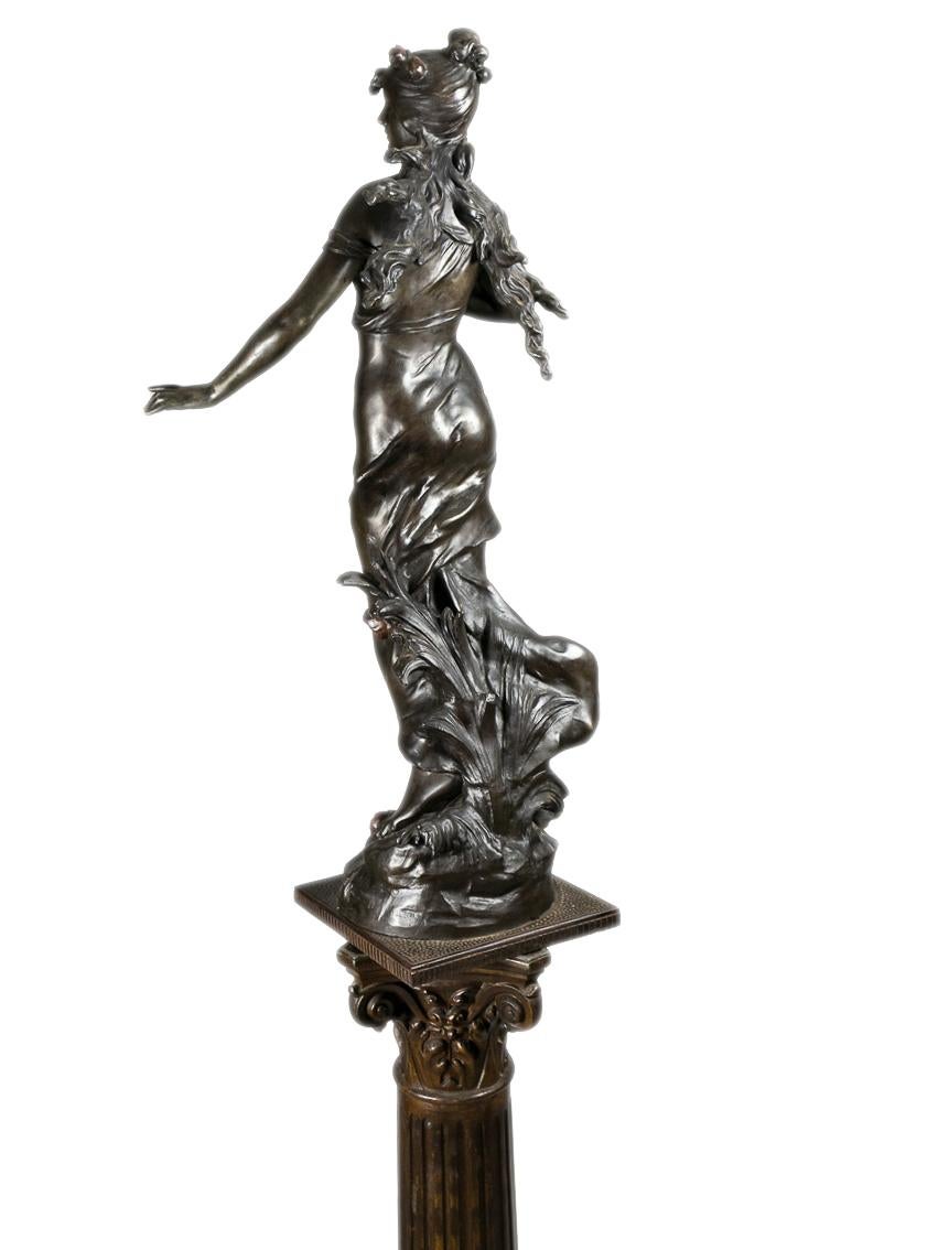 Spelter Woman with Roses Sculpture by Auguste Moreau, 19th Century For Sale